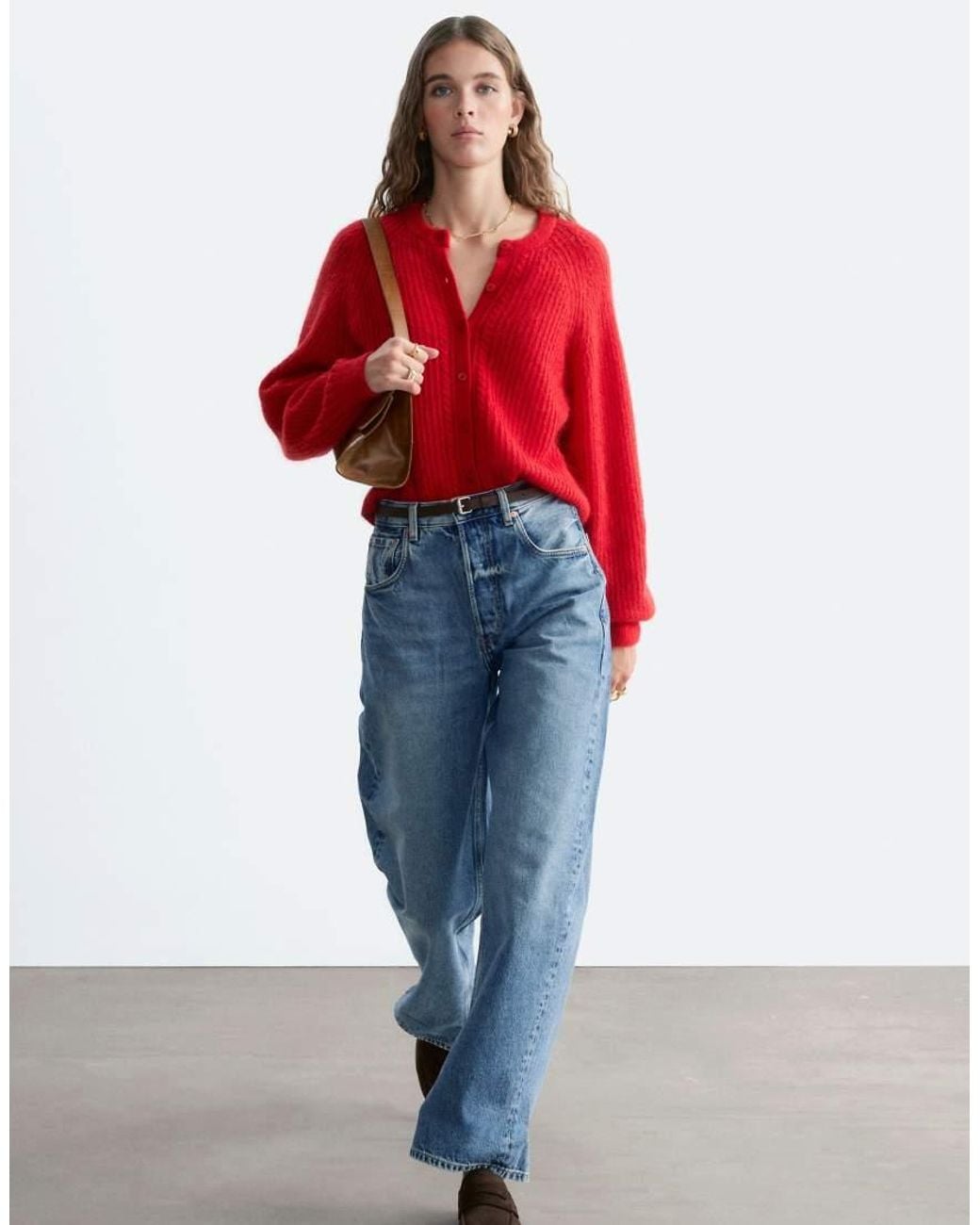 & Other Stories Red Mohair Cardigan With Cable Detail