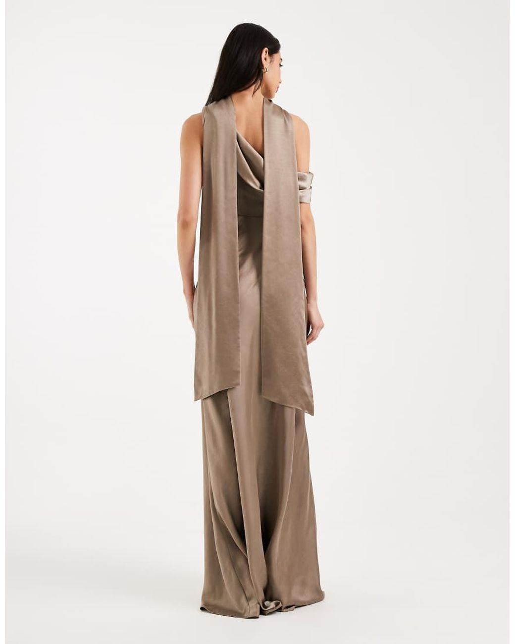 Six Stories Natural Bridesmaids Satin Scarf Detail One Shoulder Maxi Dress