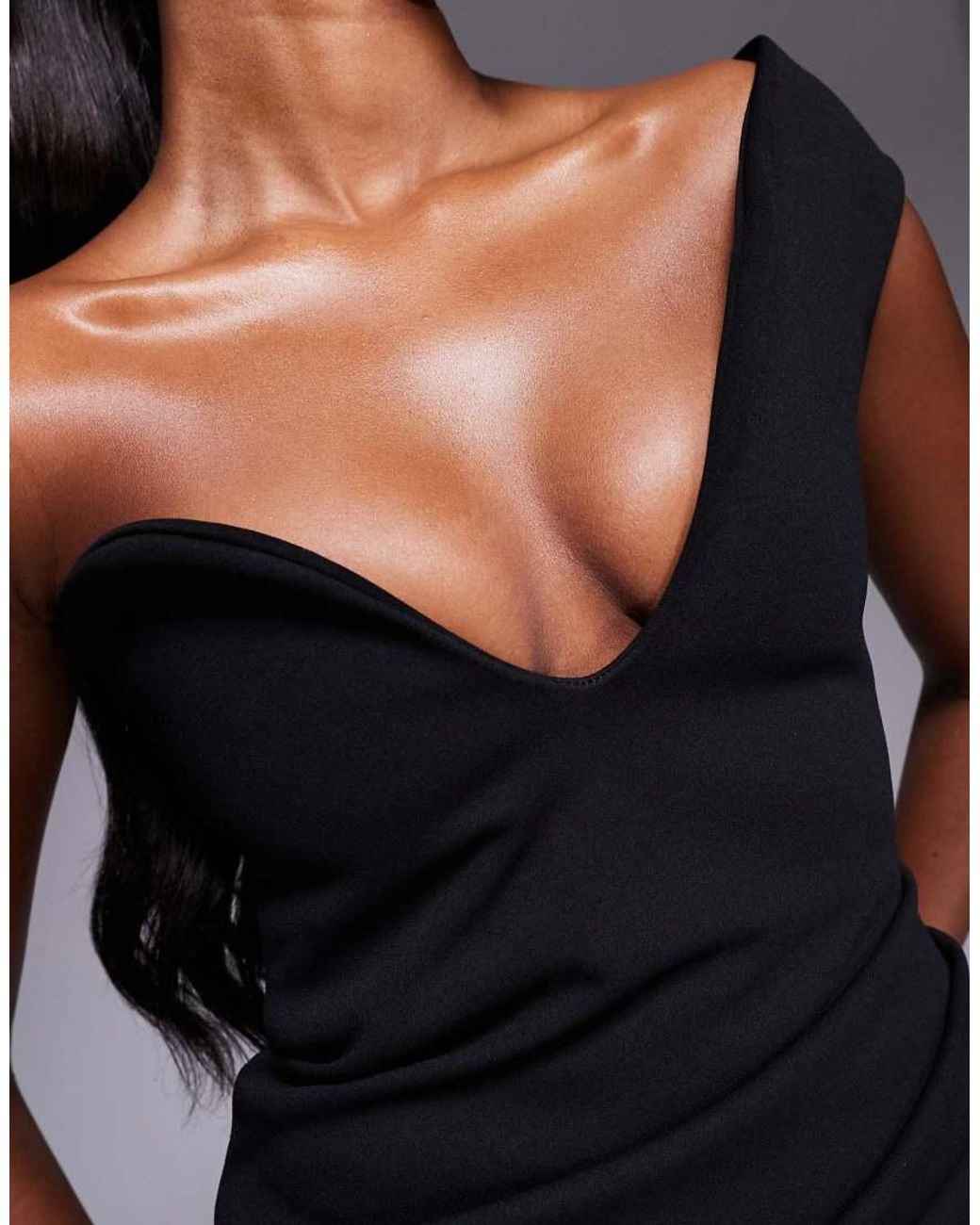ASOS Black Crepe One Shoulder Gathered Midi Dress With Split