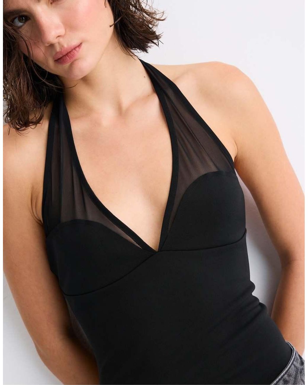Stradivarius Gray Mesh Halter Bodysuit