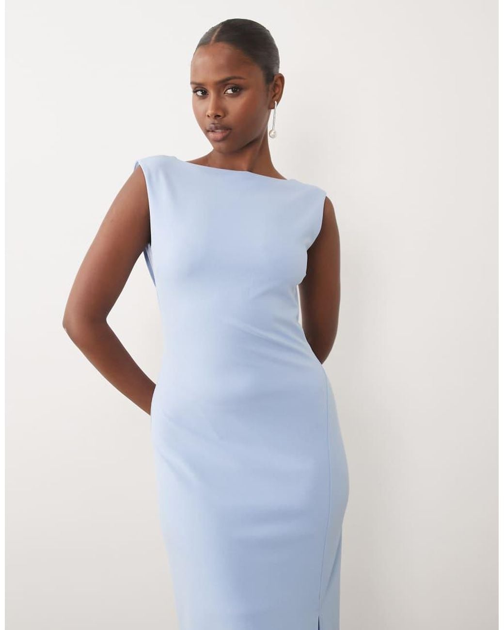 TFNC London Blue Crepe Slash Neck Backless Maxi Dress