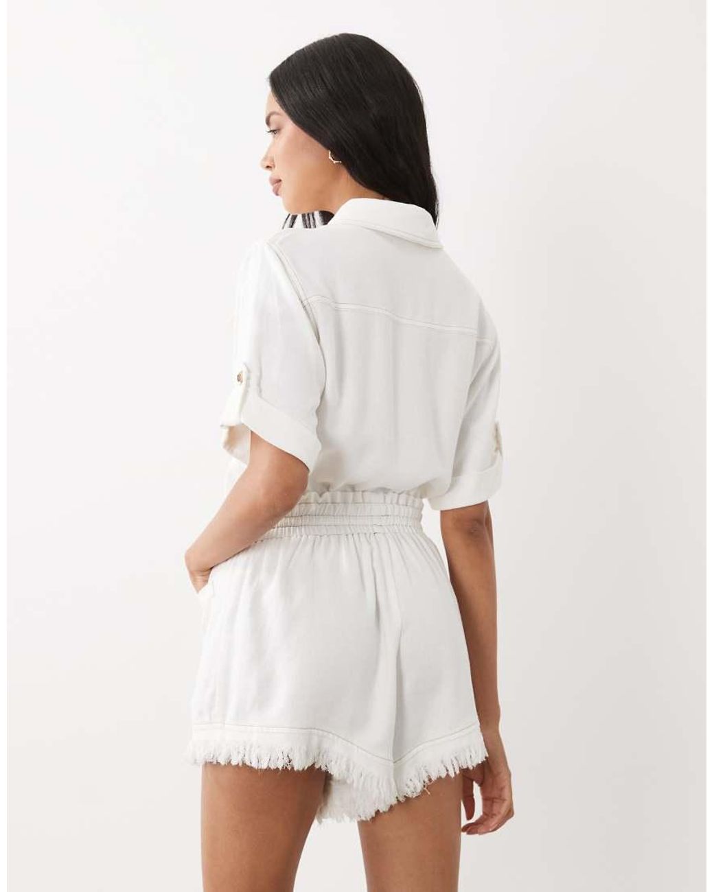 Noughts & Kisses Natural Cotton Rich Dropped Shoulder Frayed Shorts Detailing Romper