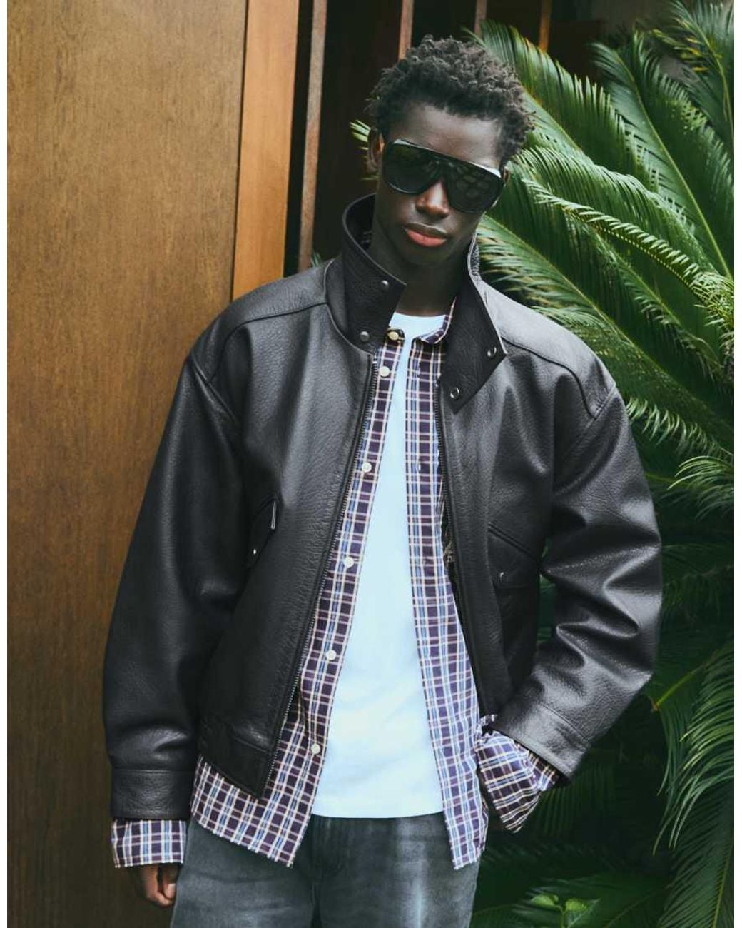Bershka Green Leather Funnel-neck Bomber Jacket for men