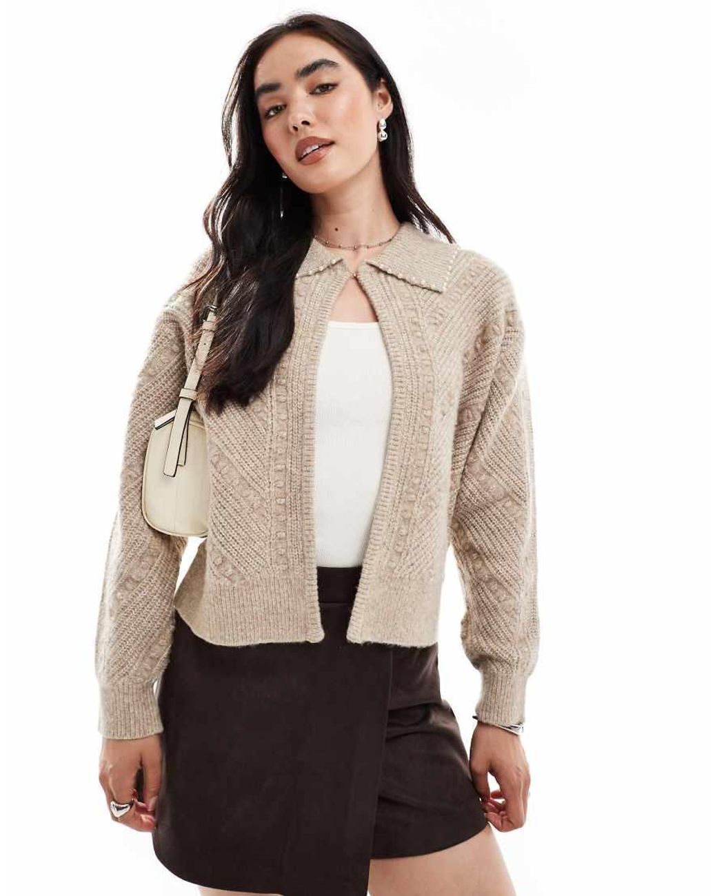 French Connection Natural Kitty Faux Pearl Collared Cardigan