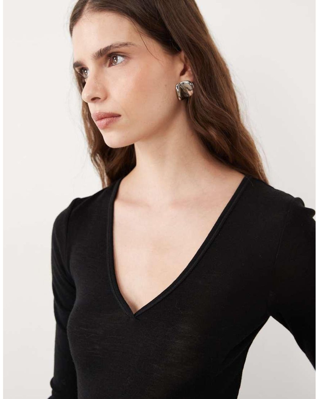 ARKET Black V Neck Long Sleeved Wool Rib Top