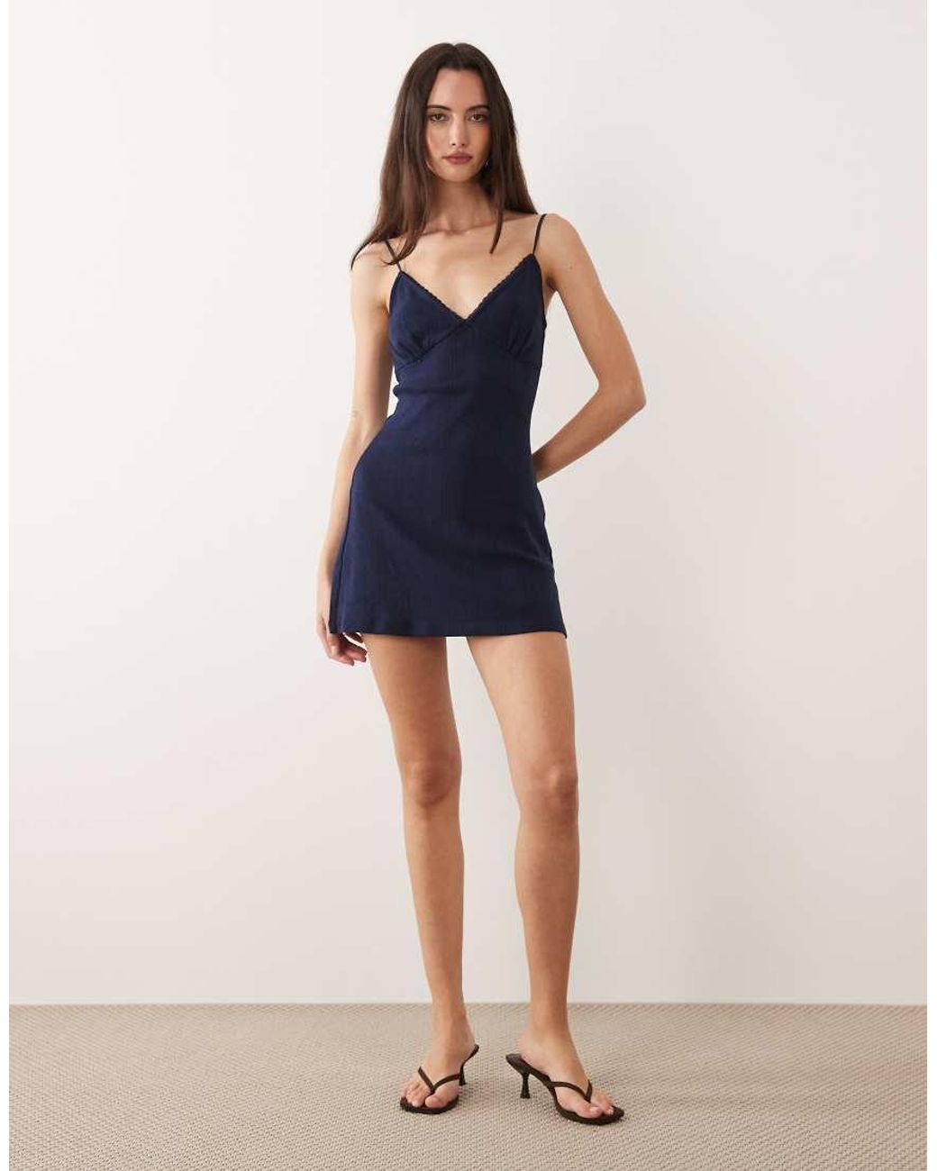 GOOD AMERICAN Blue Cotton V-neck Pointelle Cami Mini Dress With Adjustable Straps