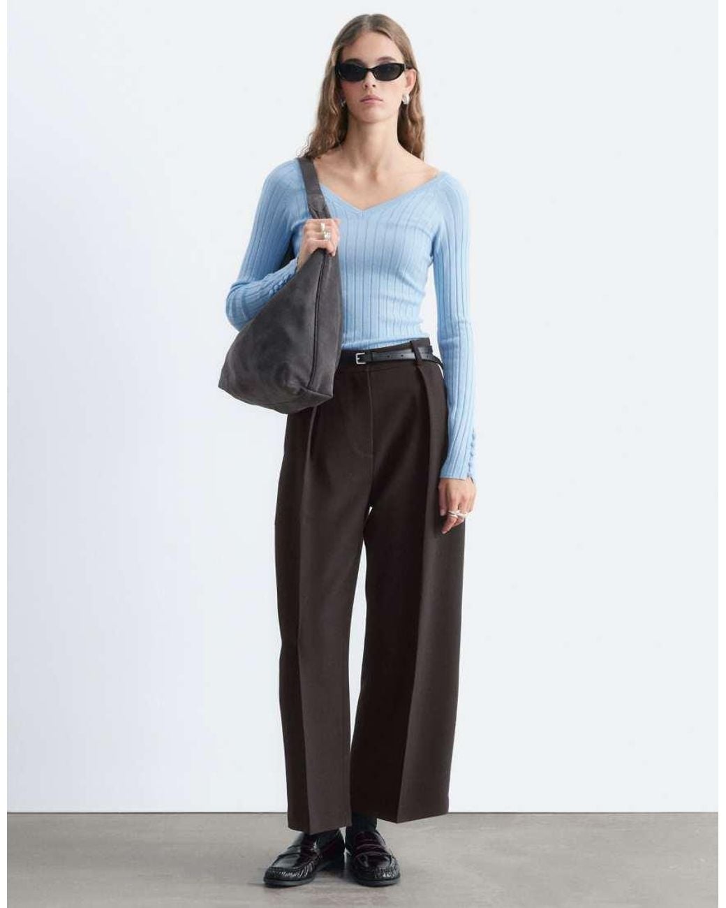 & Other Stories Blue 100% Wool V Neck Long Sleeve Rib Top With Button Up Cuffs