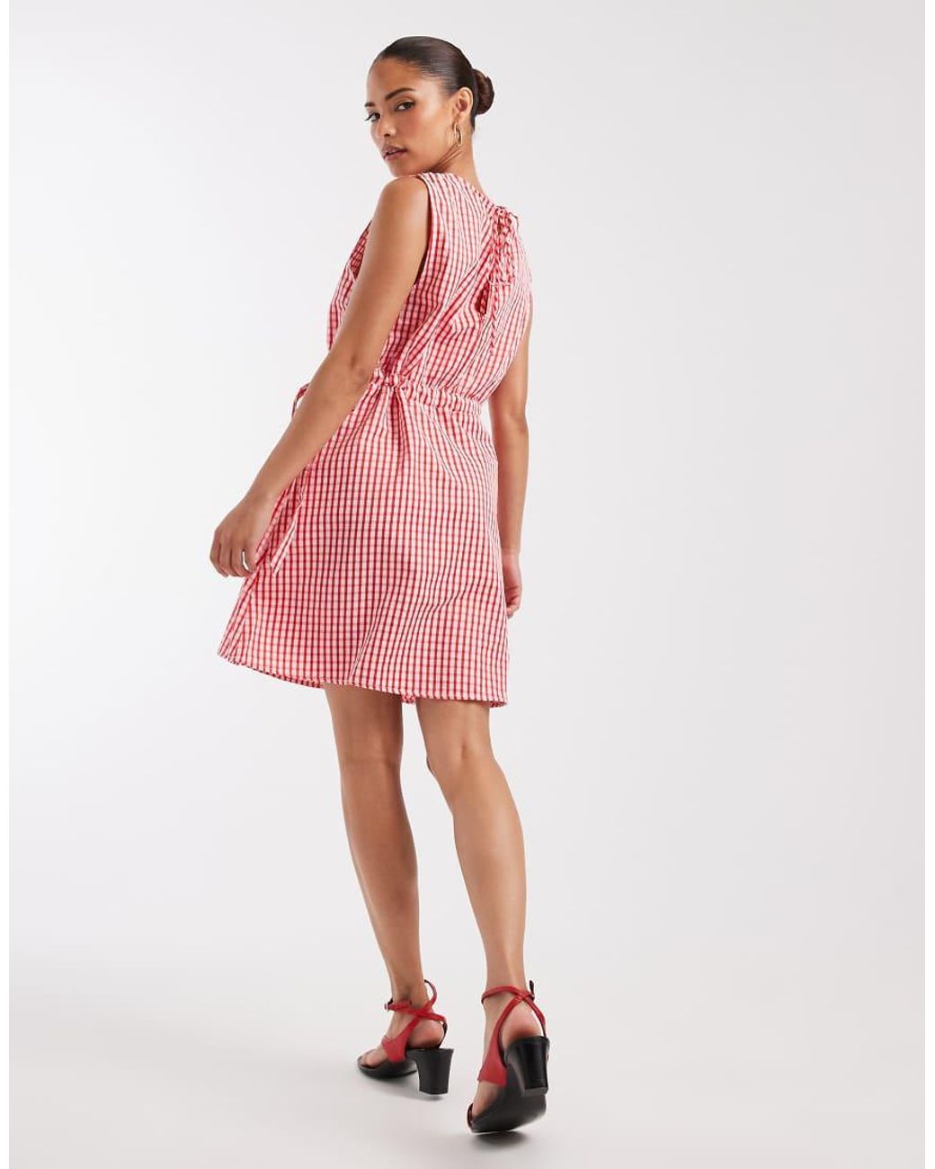 Vero Moda Red Sleeveless Bow Tie Side Seersucker Mini Dress