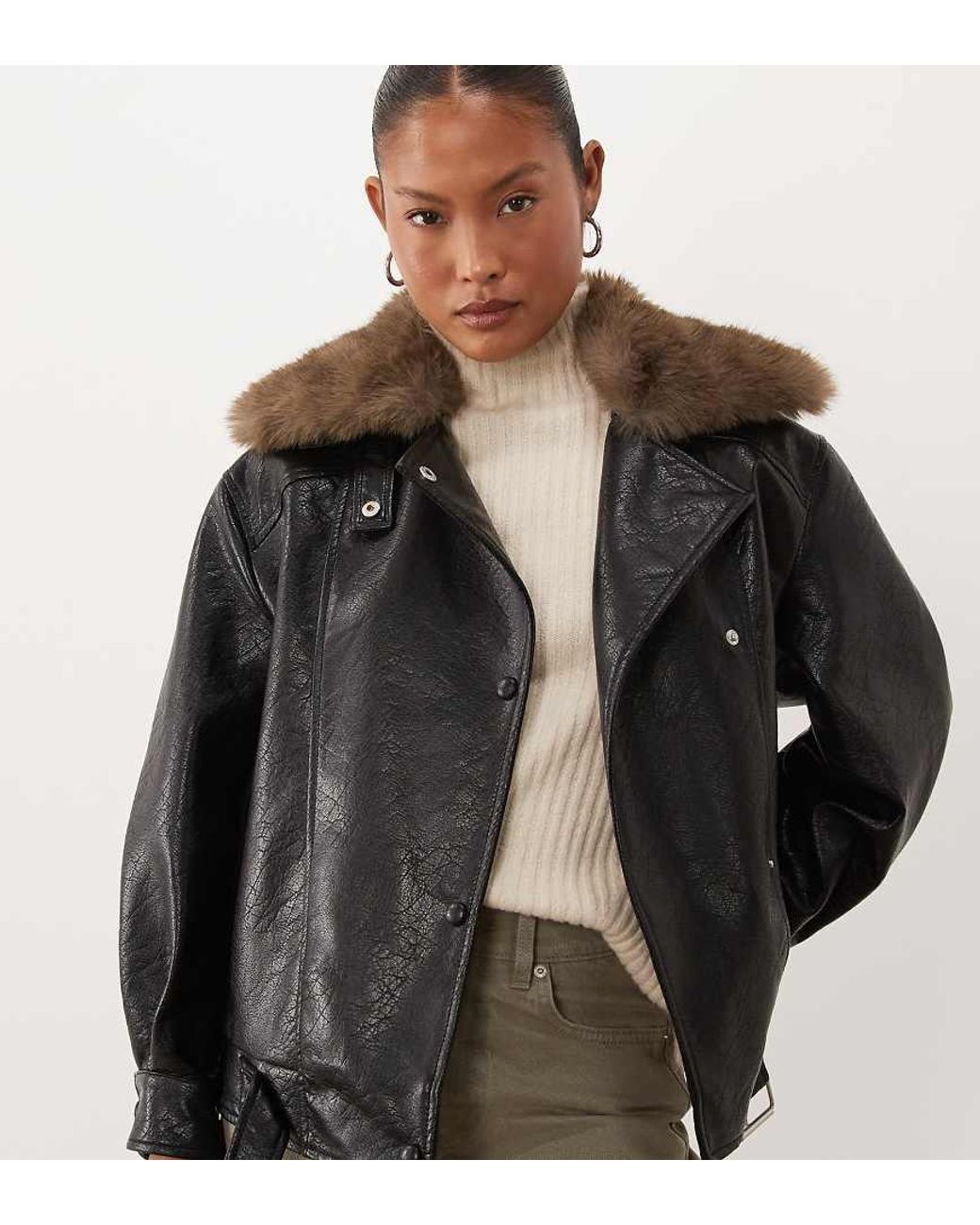 ASOS Black Asos Design Petite Leather Look Moto Jacket With Tan Faux Fur Collar