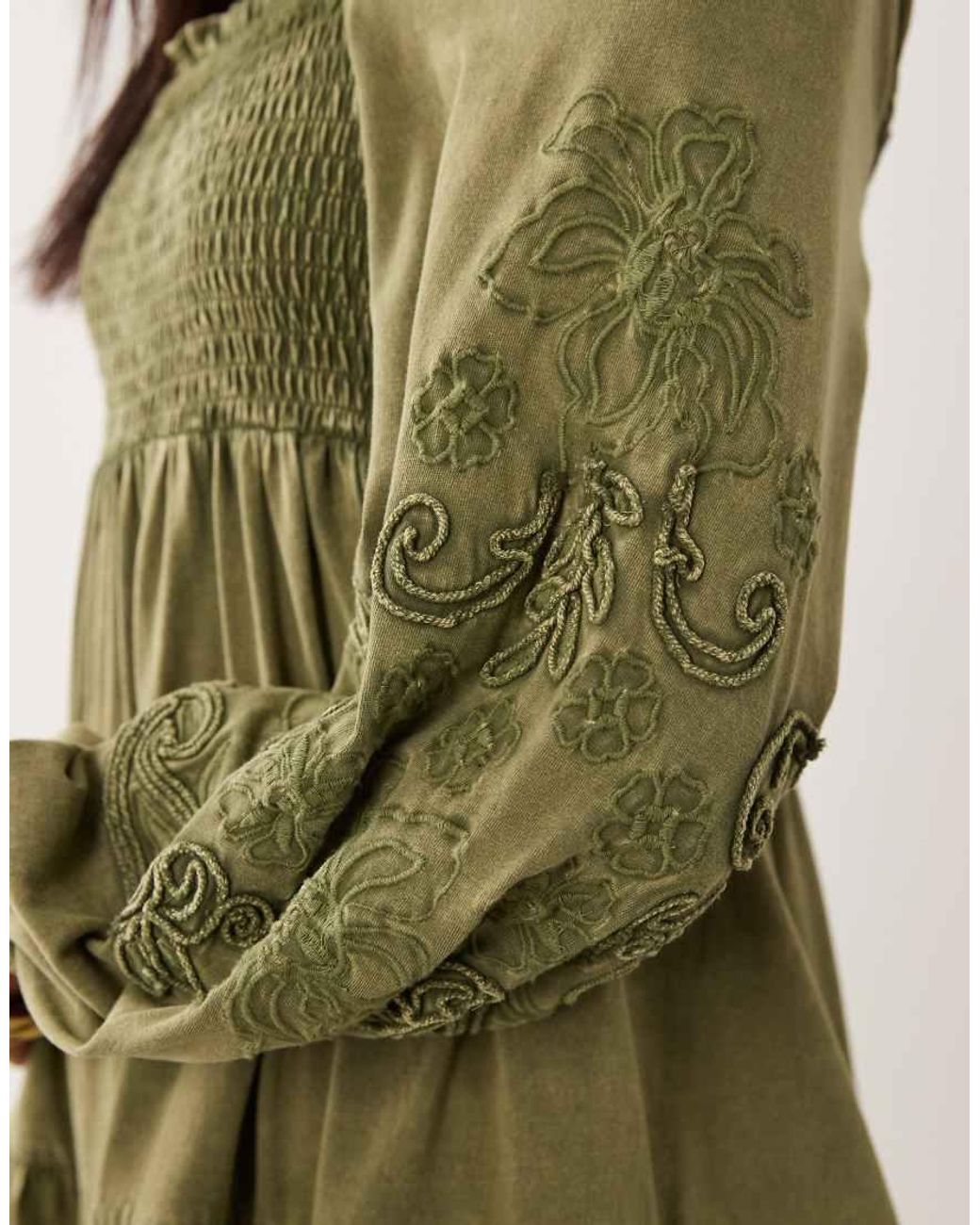 Miss Selfridge Green Long Sleeve Playsuit With Embroidery