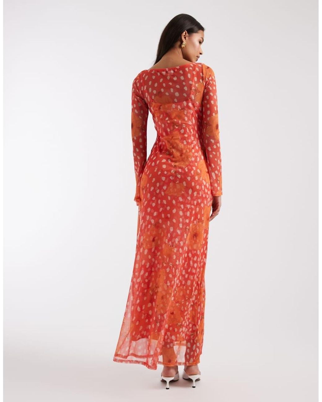 Never Fully Dressed Red Aria Long Sleeved Mesh Maxi Dress