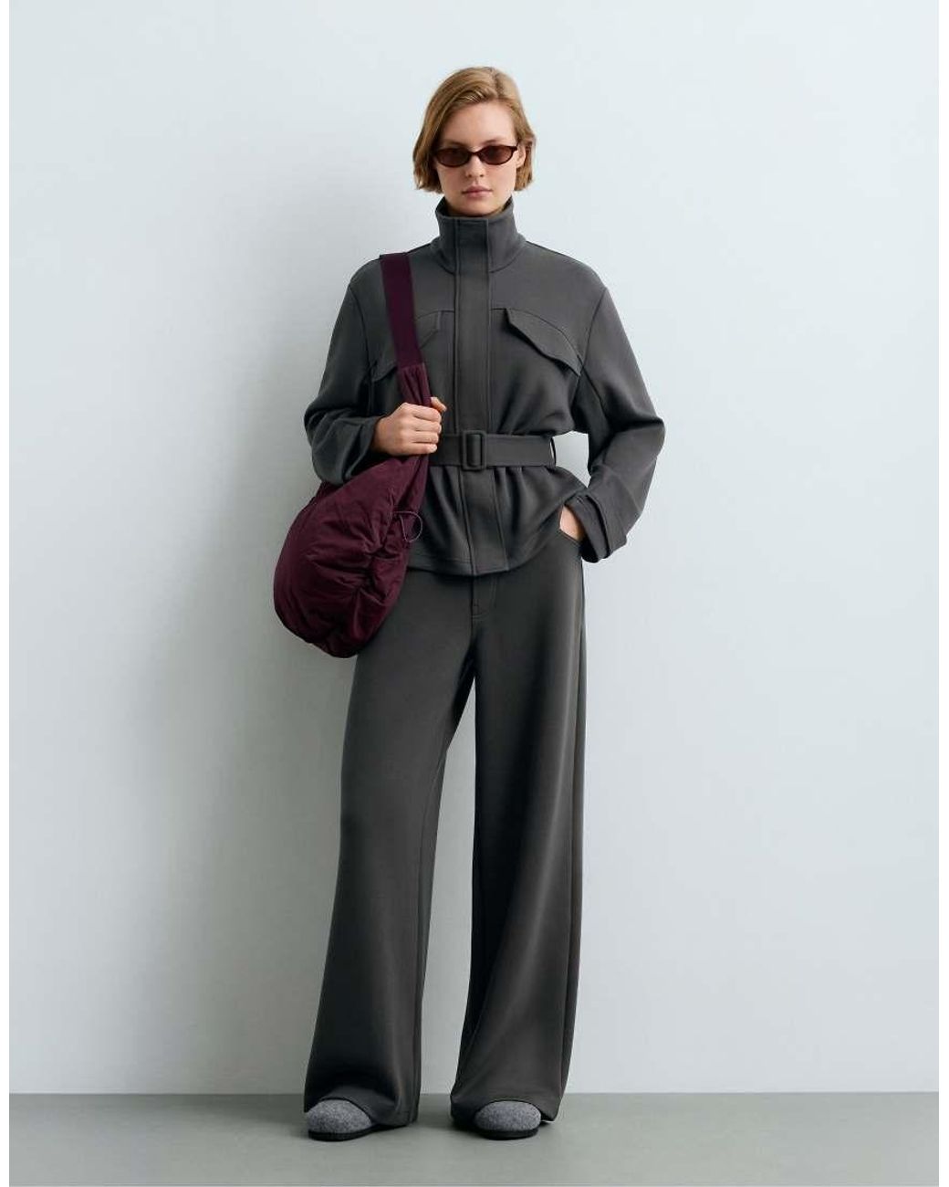 Oysho Gray Belted Jacket With Pockets