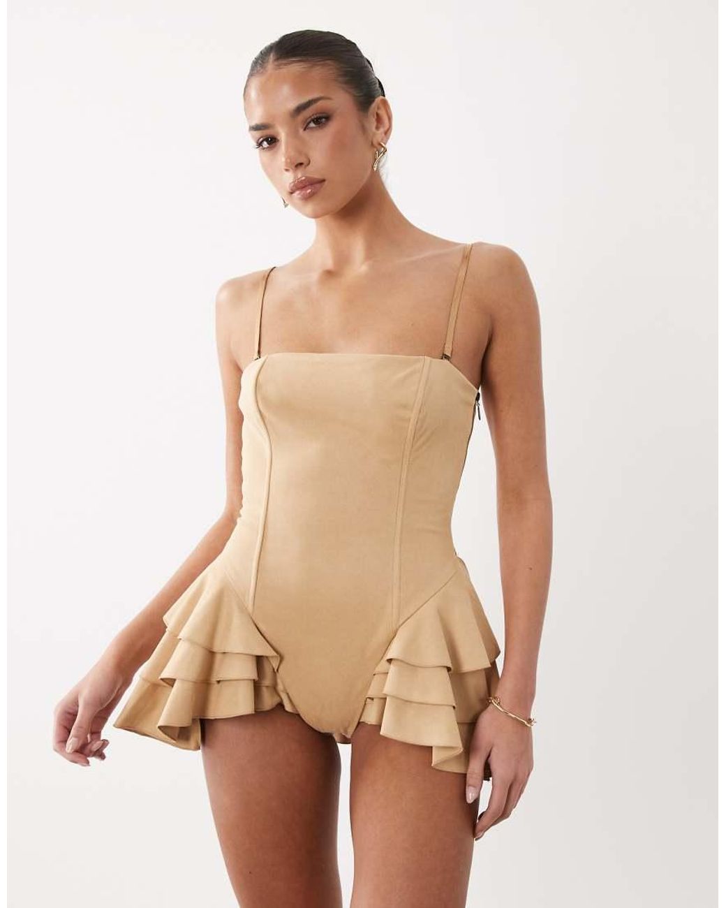 Oh Polly Natural Faux Suede Ruffle Detail Lace Up Corset Playsuit