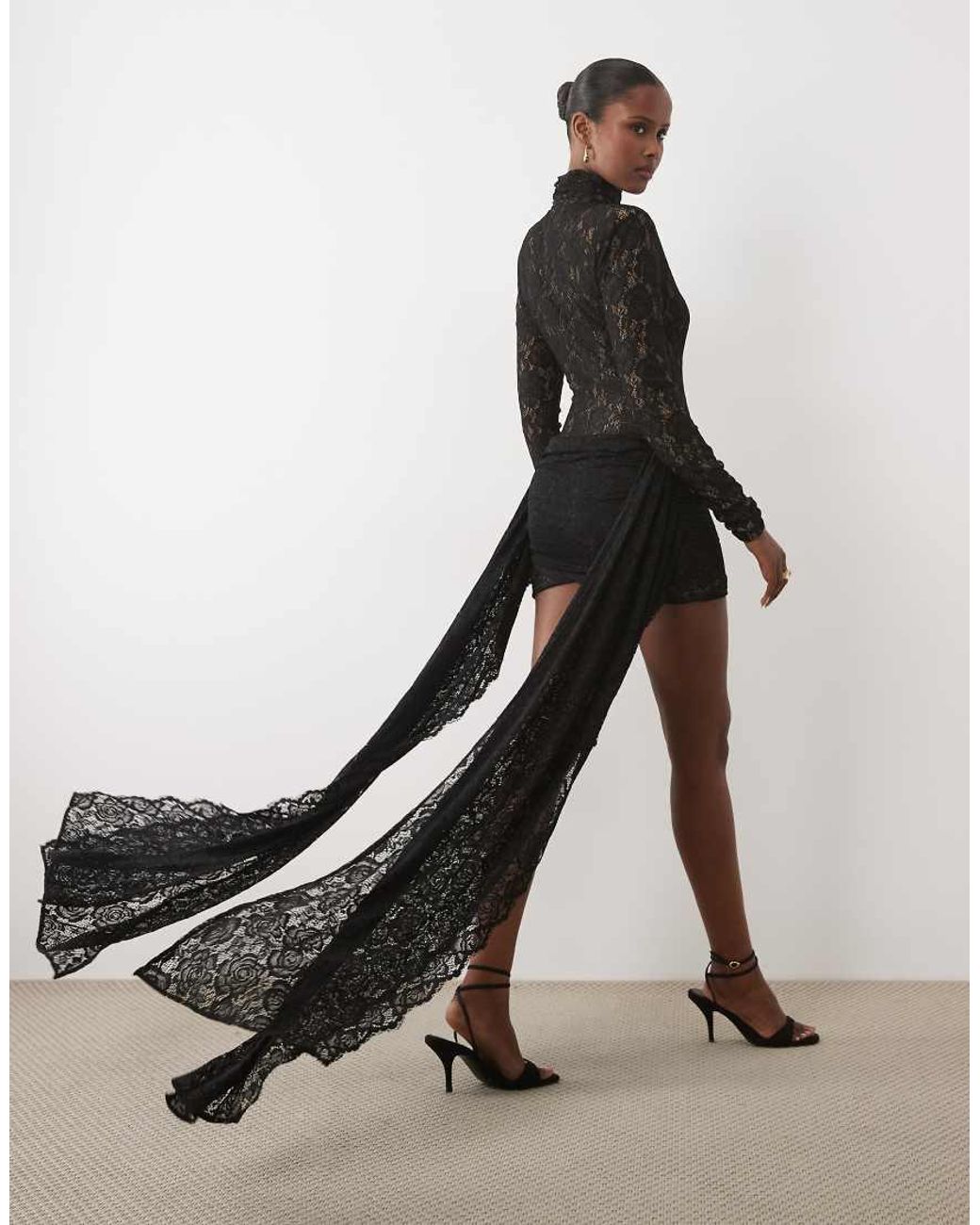The Dolls House Black Kiki Lace High Neck Drape Detail Mini Dress