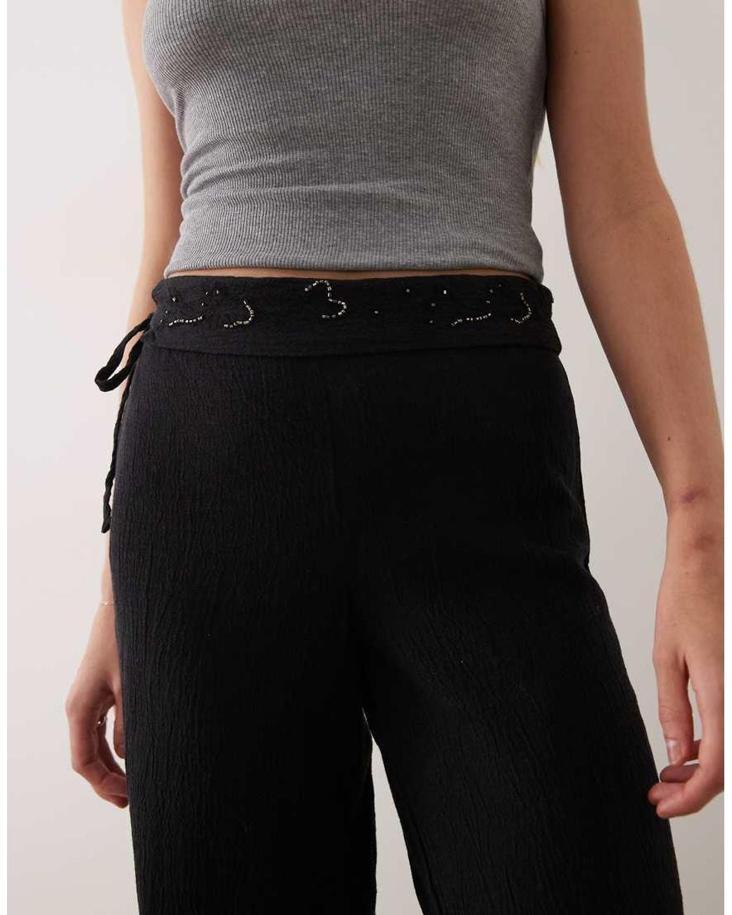 Mango Black Teen Foldover Waist Embroidery Detail Trouser