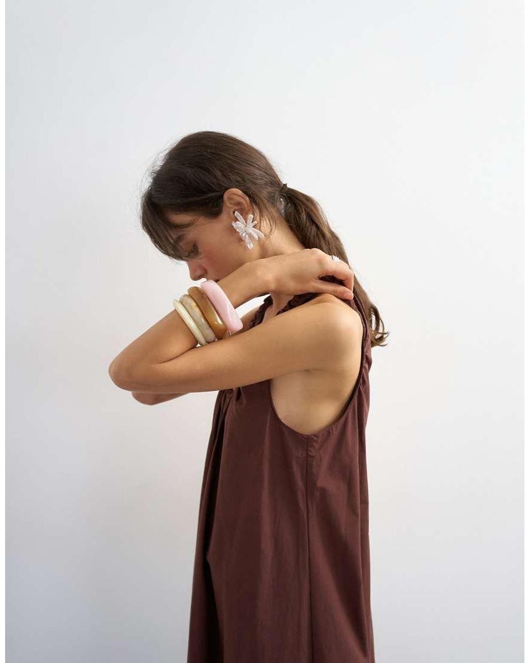TOPSHOP Brown Cotton Poplin Ruched Neck Maxi Sundress