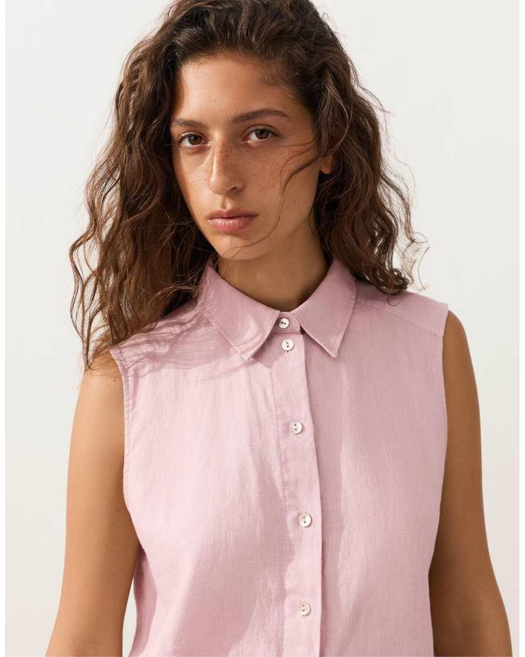 Oysho Red 100% Linen Sleeveless Cropped Shirt