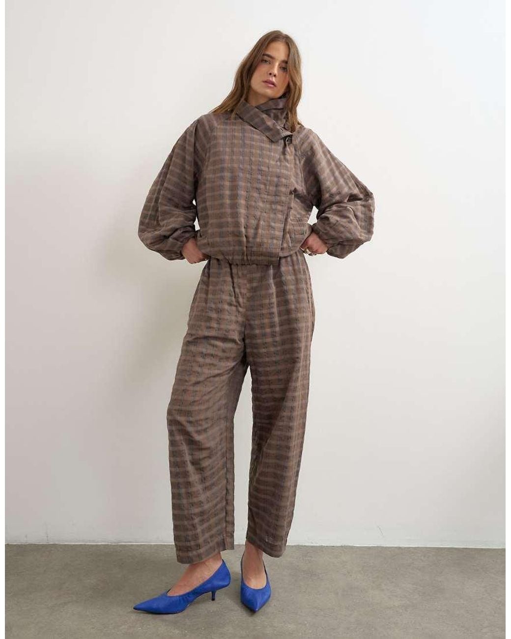 TOPSHOP Brown Set Check Funnel Neck Bomber