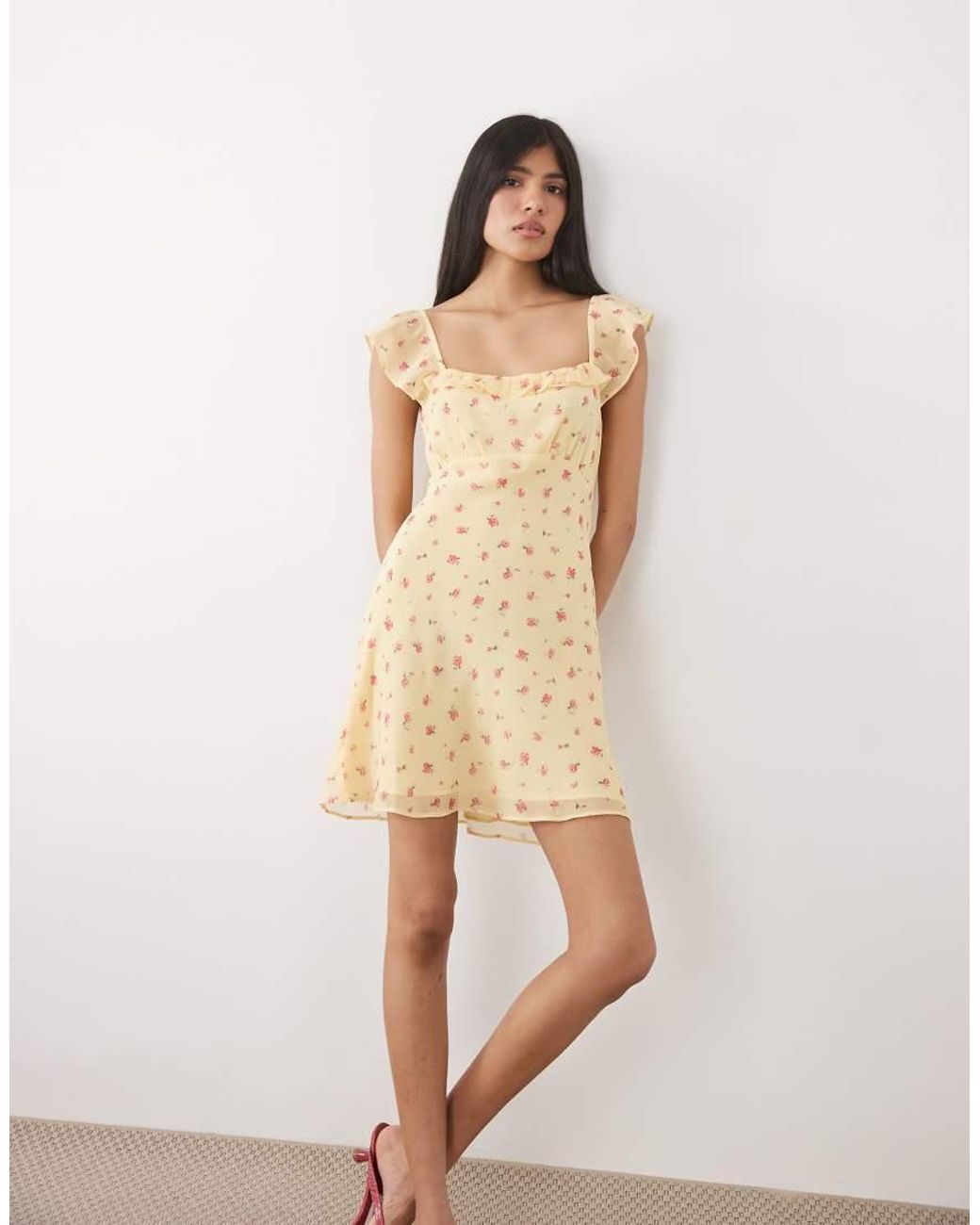 New Look Natural Flutter Sleeve Frill Mini Dress
