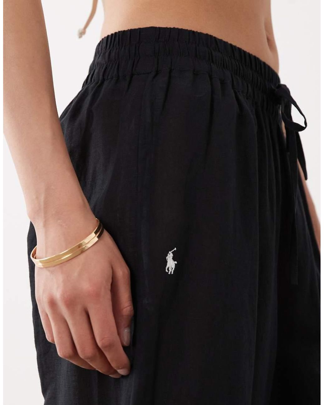 Polo Ralph Lauren Black Cotton Linen Smocked Pull On Pant Cover-Up