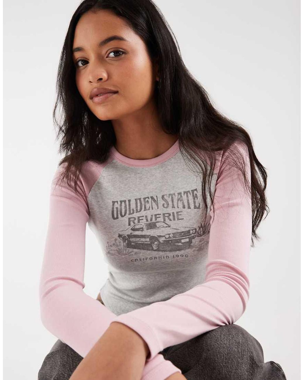Hollister Gray Graphic Fitted Long Sleeve Raglan T-shirt