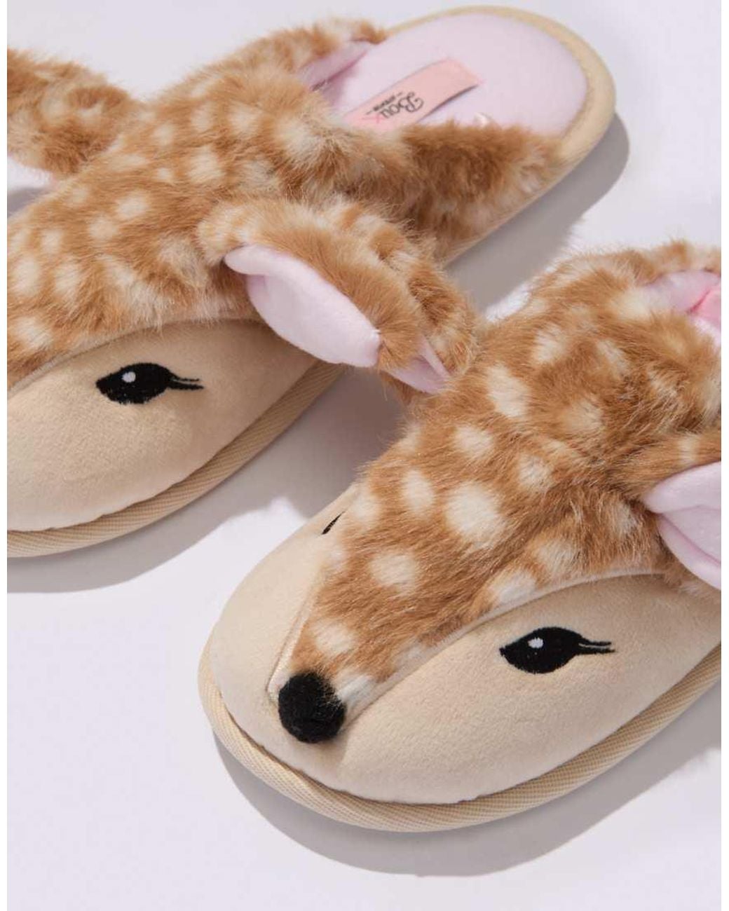 Boux Avenue Natural Deer Plush Mule Slippers Super Soft Cosy Pom Pom Loungewear