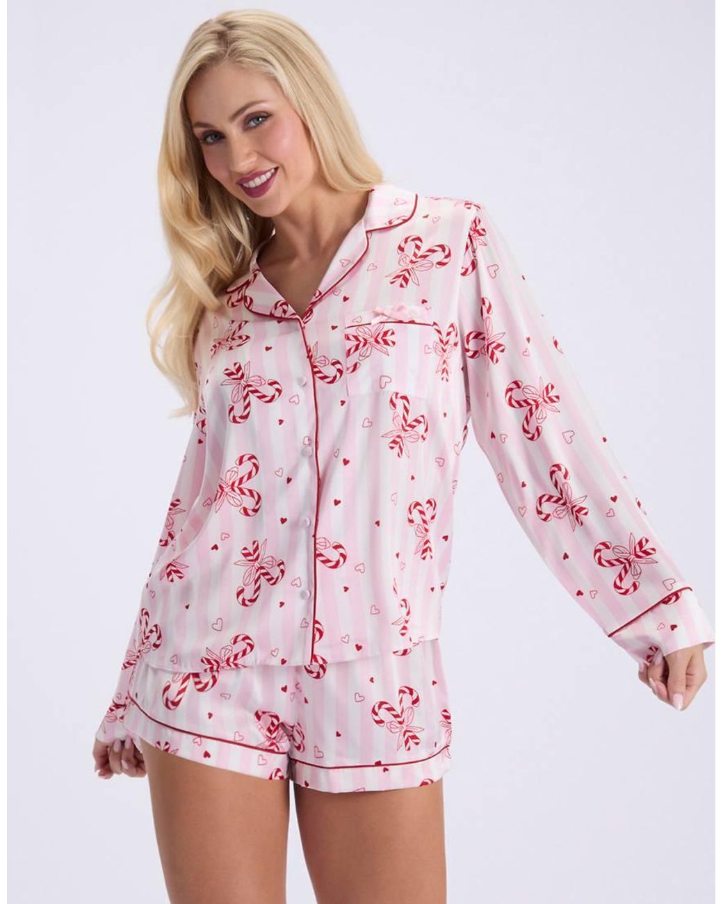 Boux Avenue Pink Candy Cane Satin Short Pyjama Set Top And Shorts Nightwear