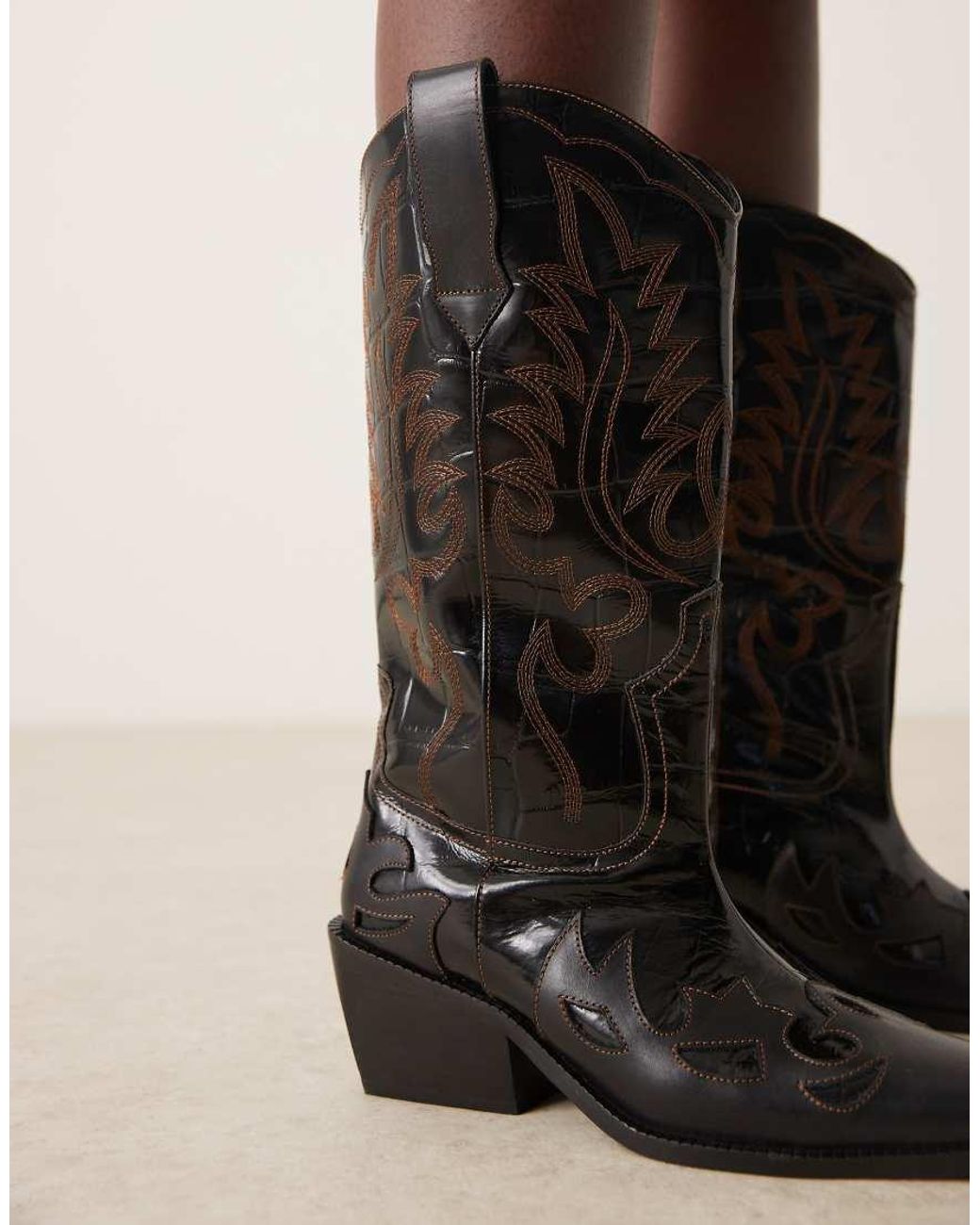 ASOS Black Camryn Leather Cowboy Knee Boots