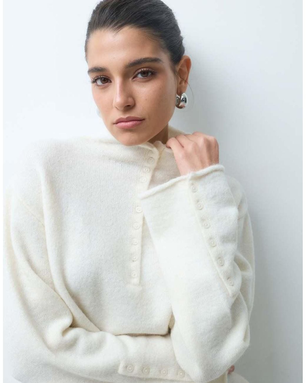 Gina Tricot White Wide Sleeve High Neck Knitted Top With Button Detail