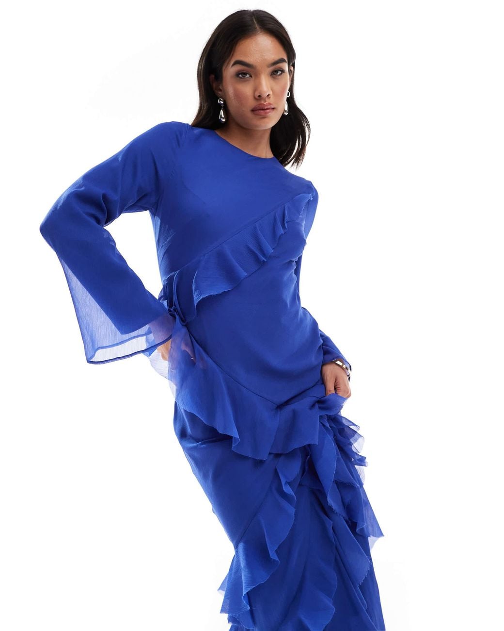 ASOS Fluted Long Sleeve Extreme Ruffle Maxi Dress in Blue | Lyst
