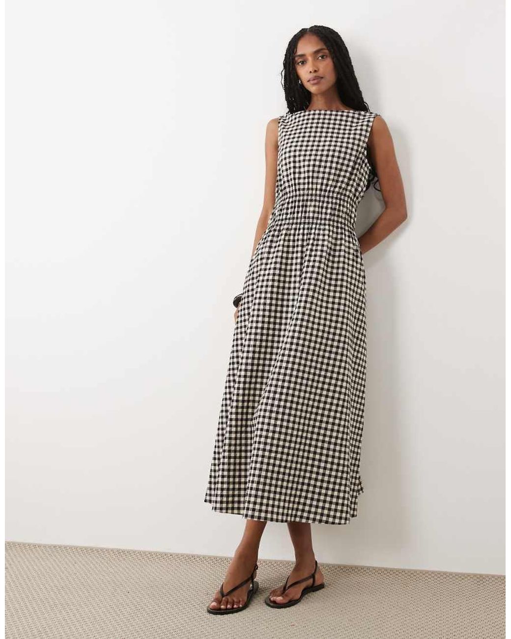 ARKET Brown Cotton Rich Seersucker Cinched Waist Midi Dress