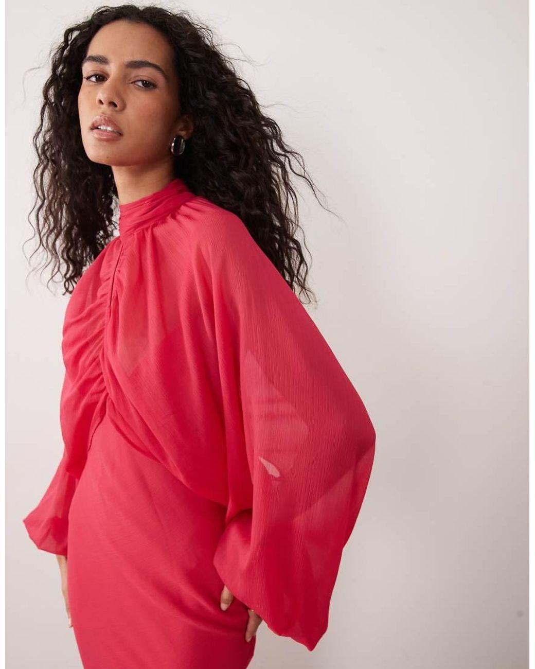 ASOS Red Keyhole Overlay Blouson Sleeve With Bias Cami Maxi Dress Underneath