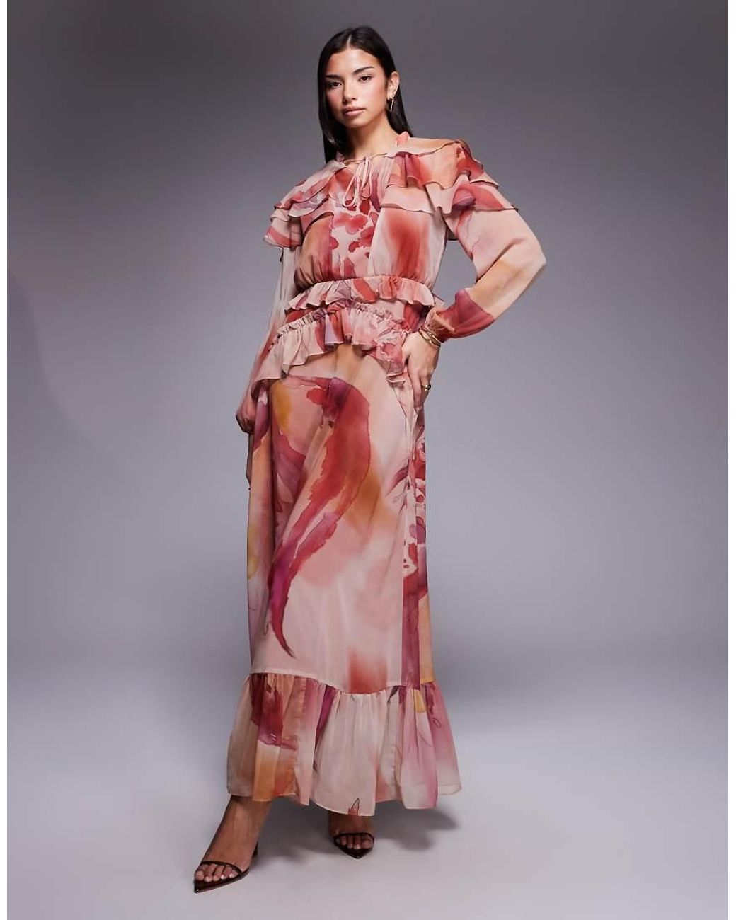 DASKA Multicolor Chiffon Ruffle Caped Maxi Dress