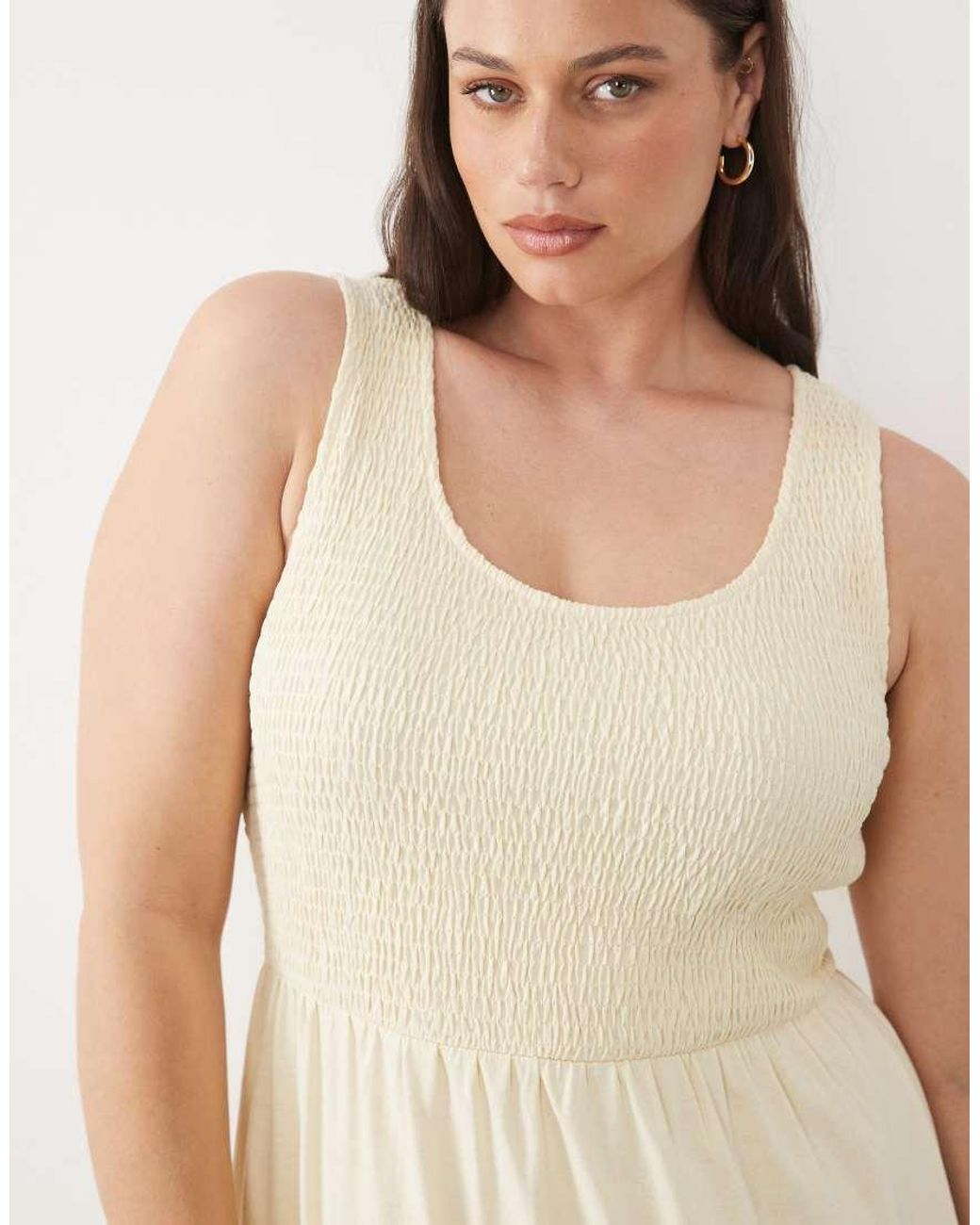 Brave Soul Natural Brave Soul Curve Scoop Neck Shirred Bodice Dress With Tiered Skirt