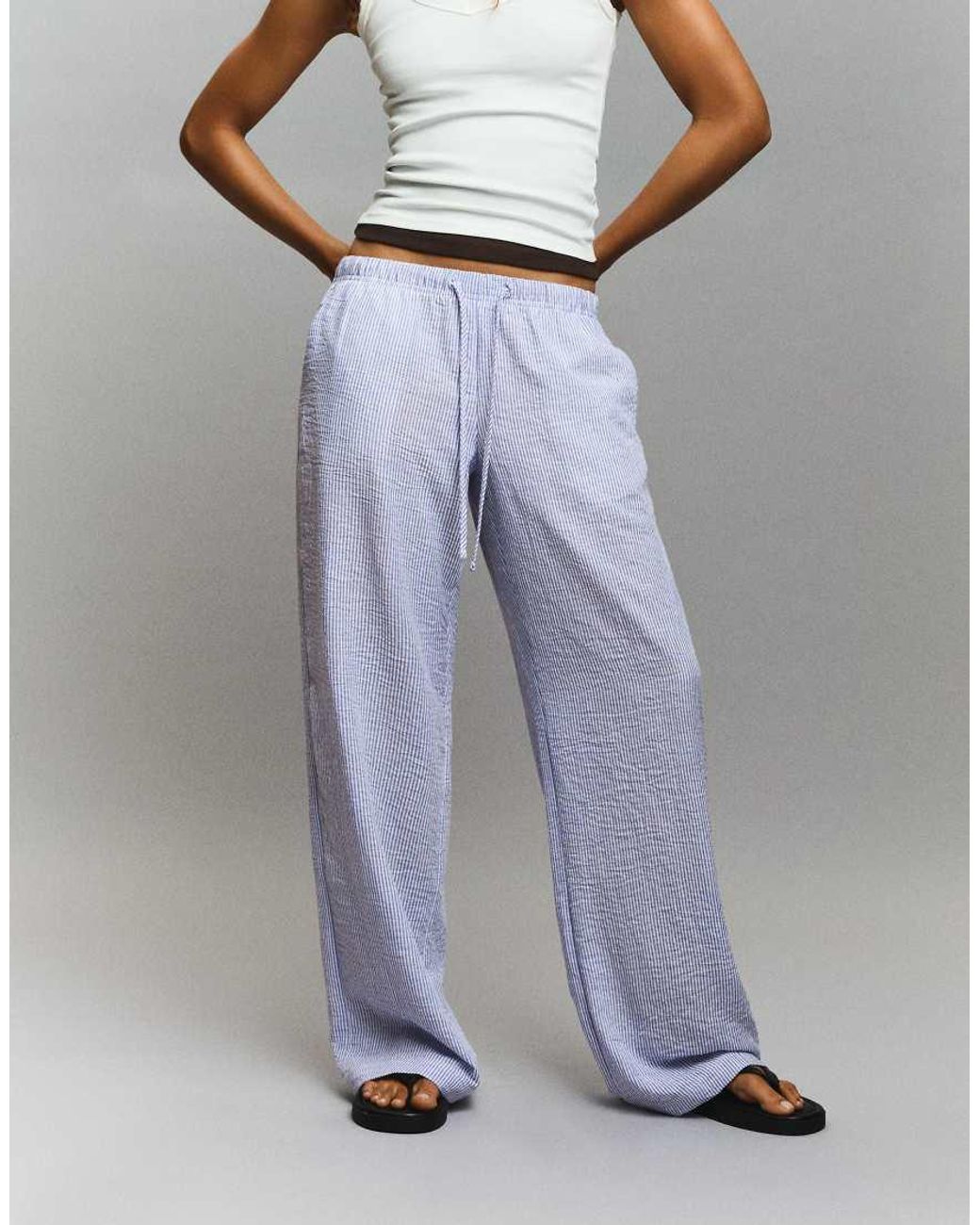 Bershka Blue Petite Linen Rich Trousers With An Elasticated Waistband