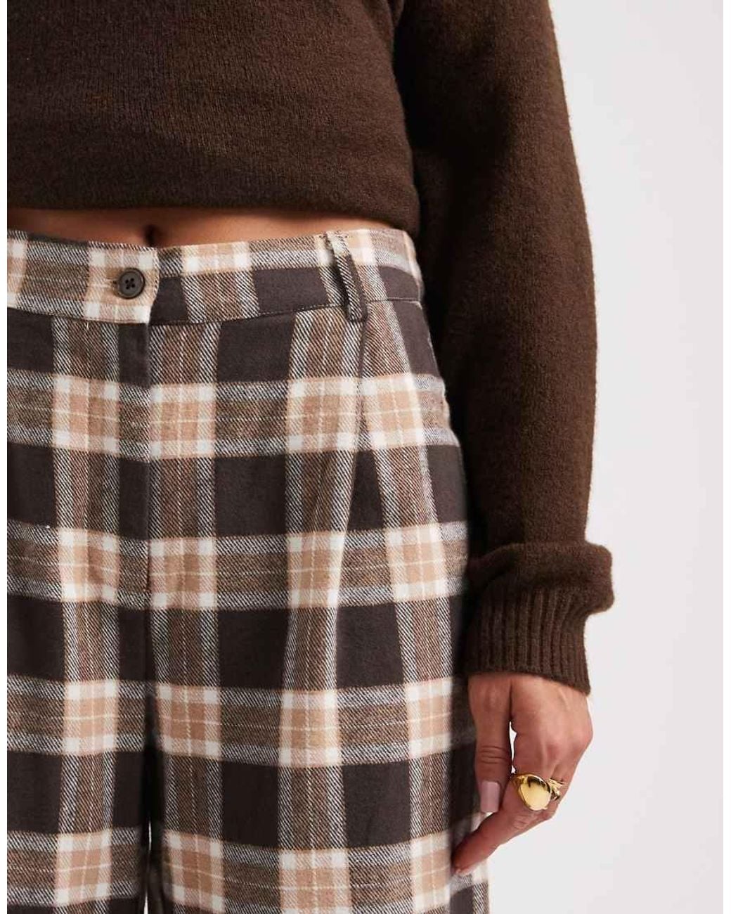 Object Brown Wide Leg Textured Check Trousers