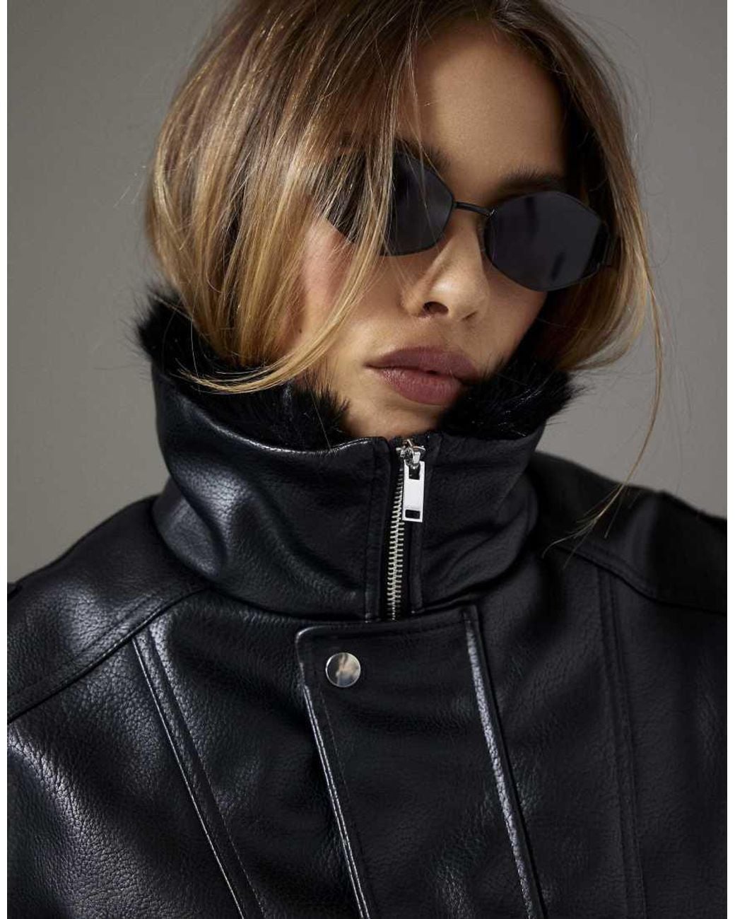 River Island Black Fur Trim Faux Leather Bomber Jacket