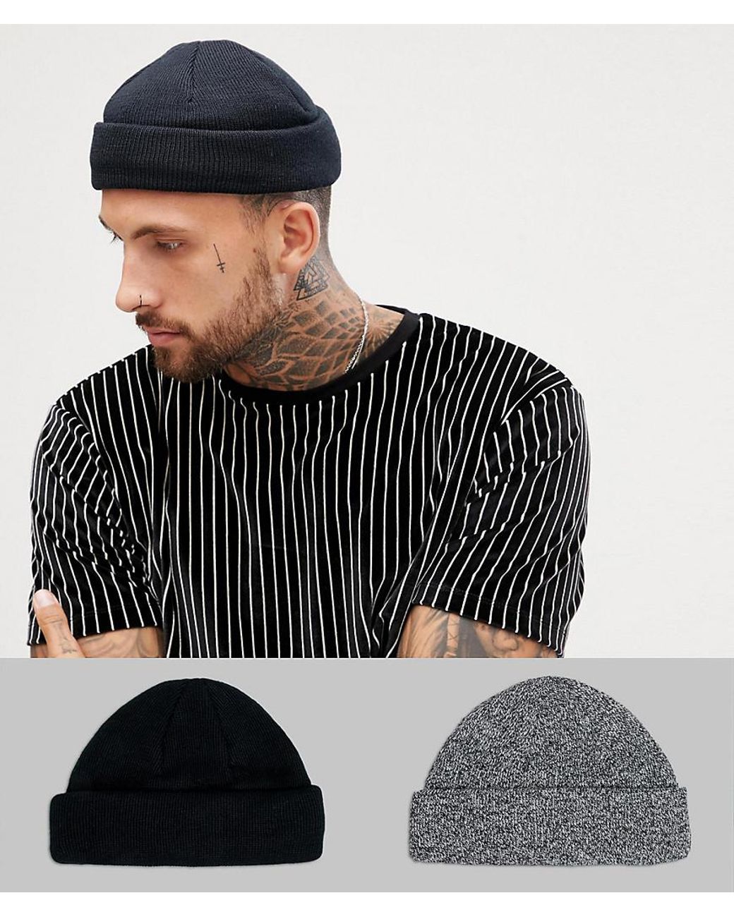 ASOS Mini Fisherman Beanie 2 Pack In Black & Twist Recycled Polyester Save  for Men | Lyst