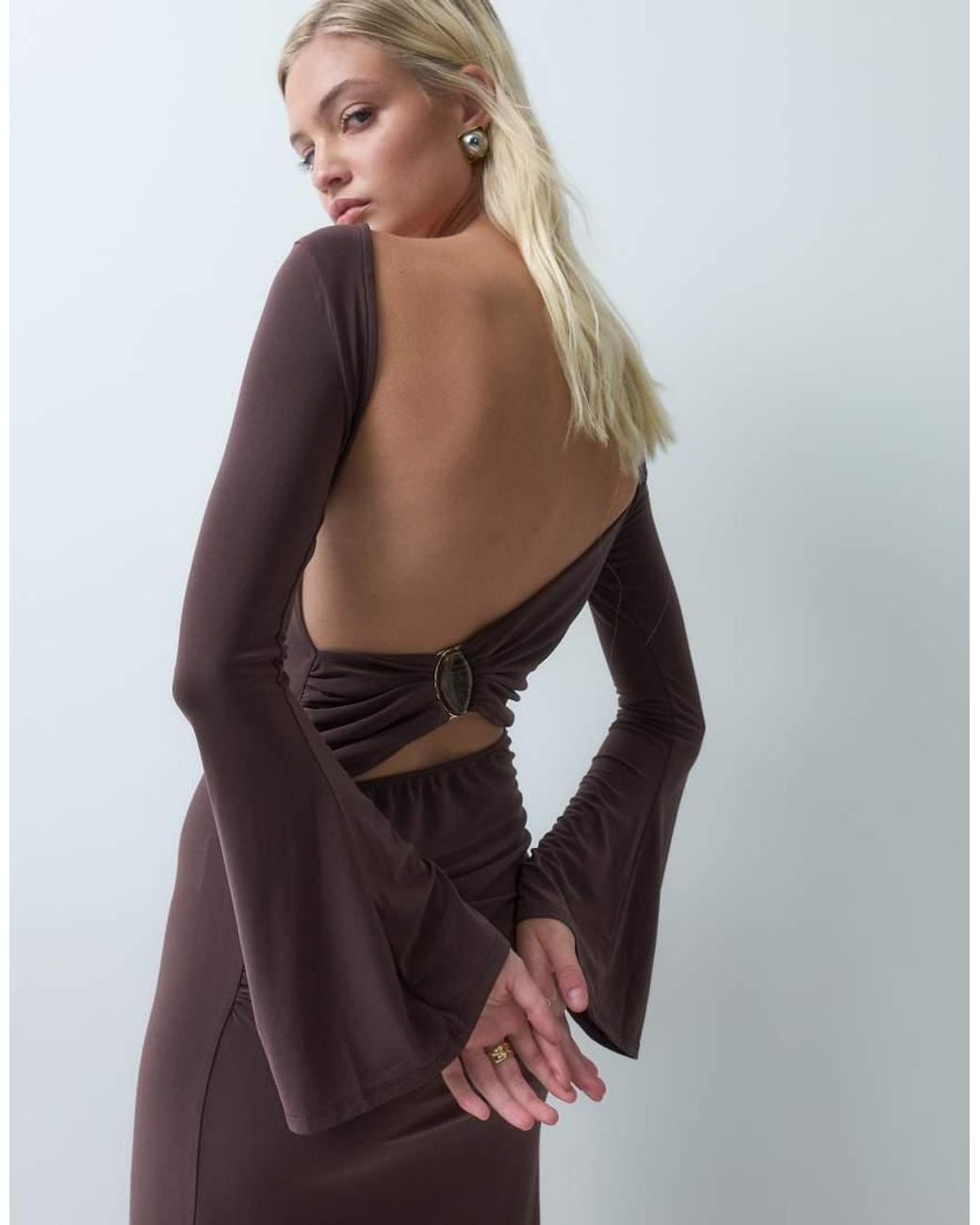 ASOS Brown Slash Neck Slinky Maxi Dress With Open Back And Trim Detail