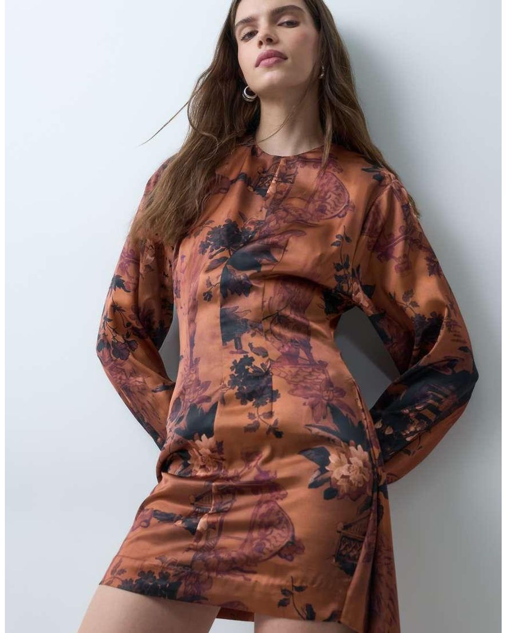 ASOS Multicolor Satin Long Sleeve Shoulder Pad Mini Dress And Sash Detail