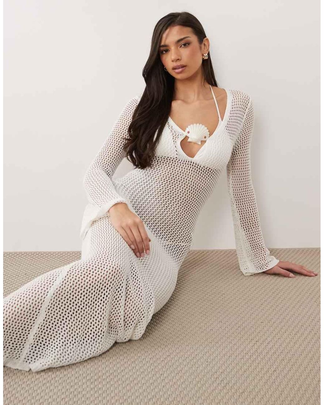South Beach Natural Long Sleeve Crochet Maxi Dress