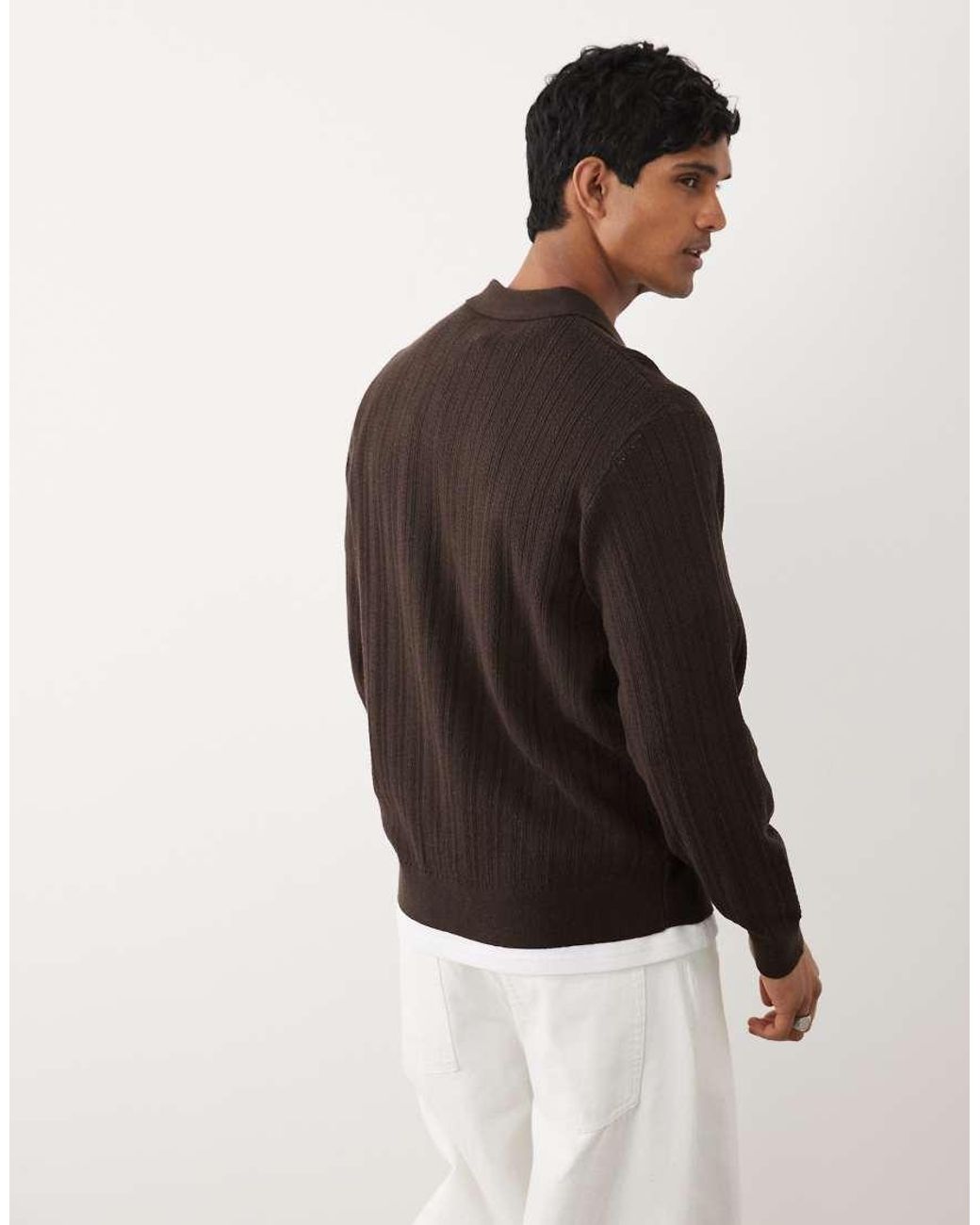 Redefined Rebel Brown Boxy Oversized V-neck Knitted Jumper With Collar for men