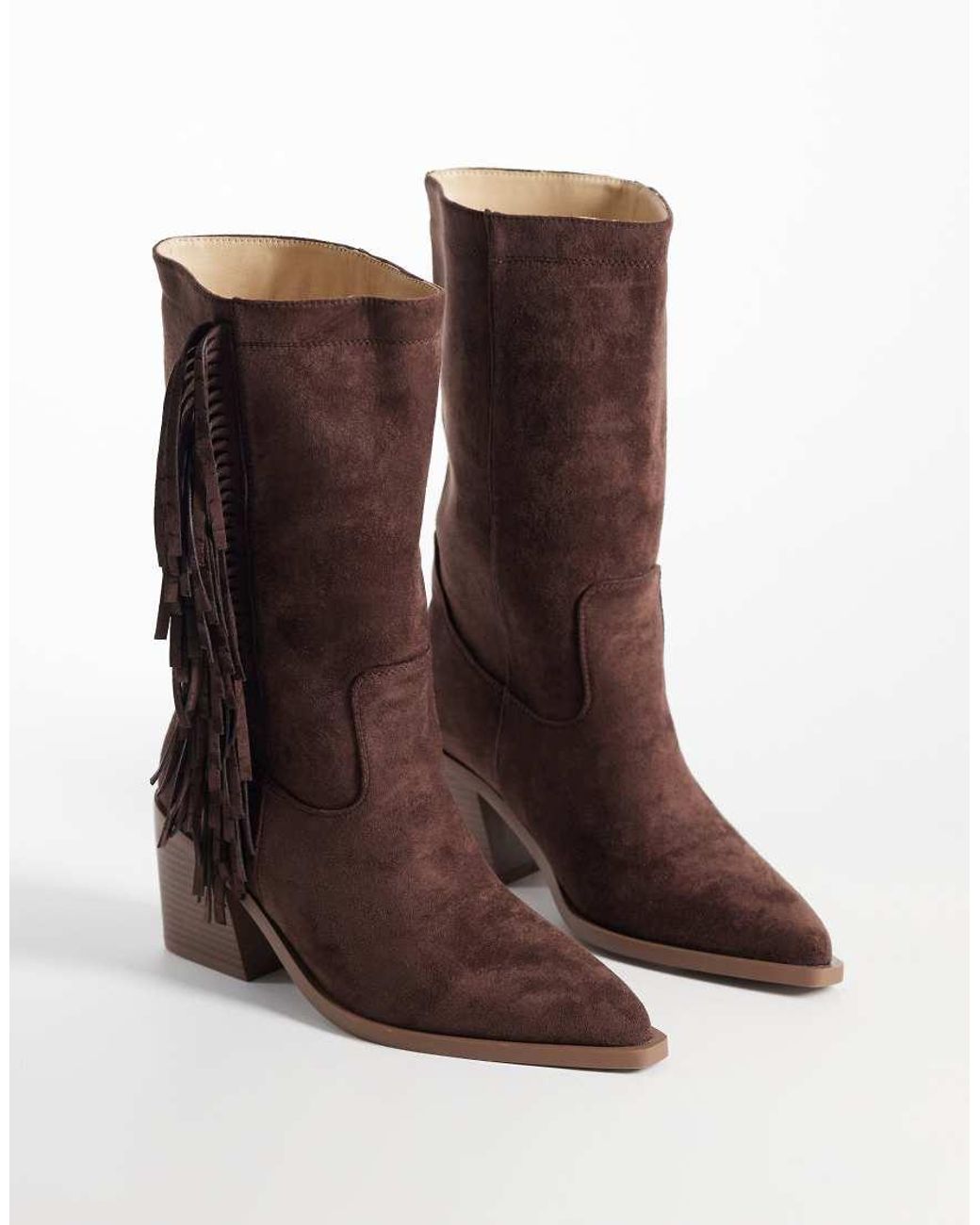 SIMMI Brown Simmi London Santo Wide Fit Western Mid Ankle Boots With Fringes