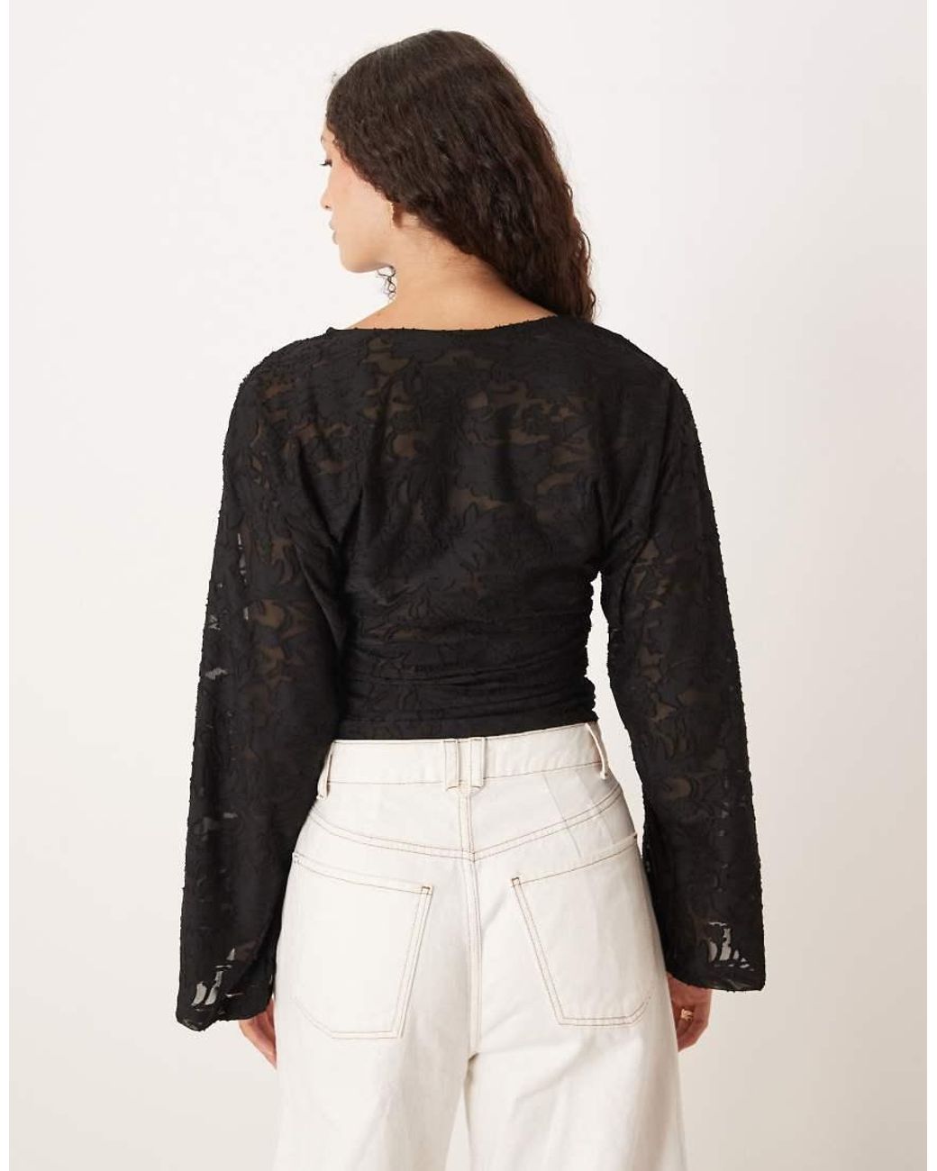 Gina Tricot Black Long Sleeve Textured Print Crew Neck Top