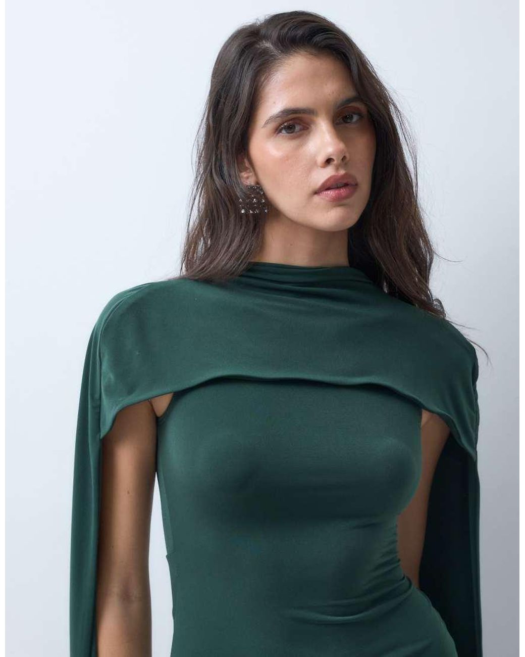 ASOS Green Slinky Sleeveless Maxi Dress With Extreme Cape Shoulder Detail