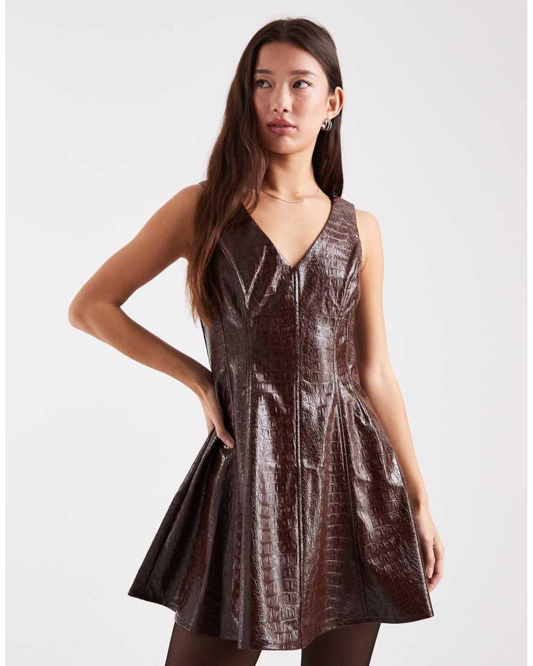Miss Selfridge Brown Faux Leather Croc Mini Dress