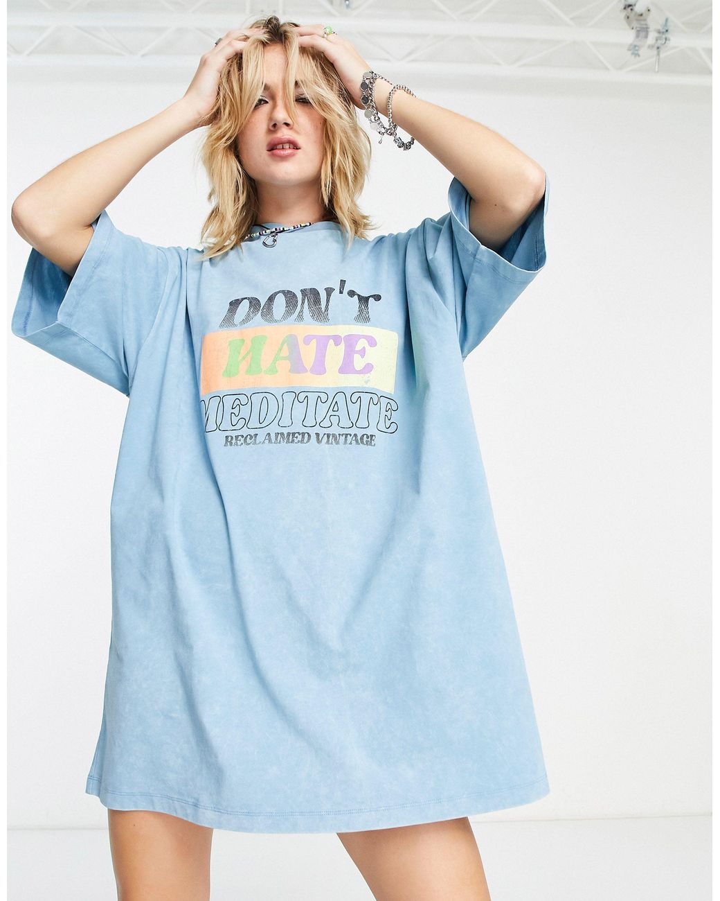Reclaimed (vintage) Inspired Oversized T-shirt Dress Don't Hate Print in  Blue | Lyst