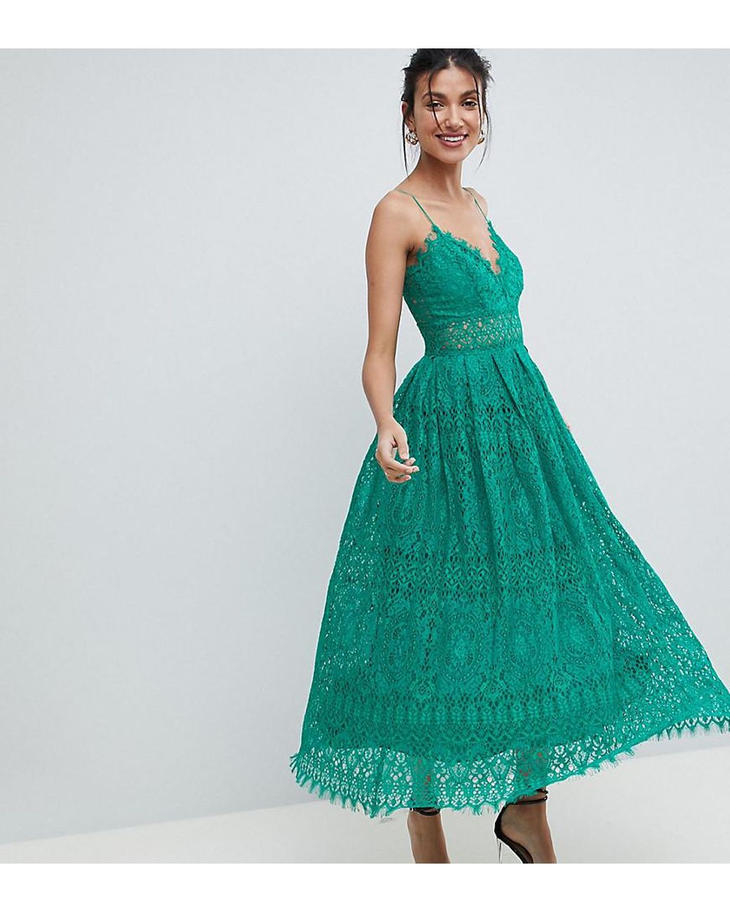 ASOS Lace Cami Midi Prom Dress in Green | Lyst