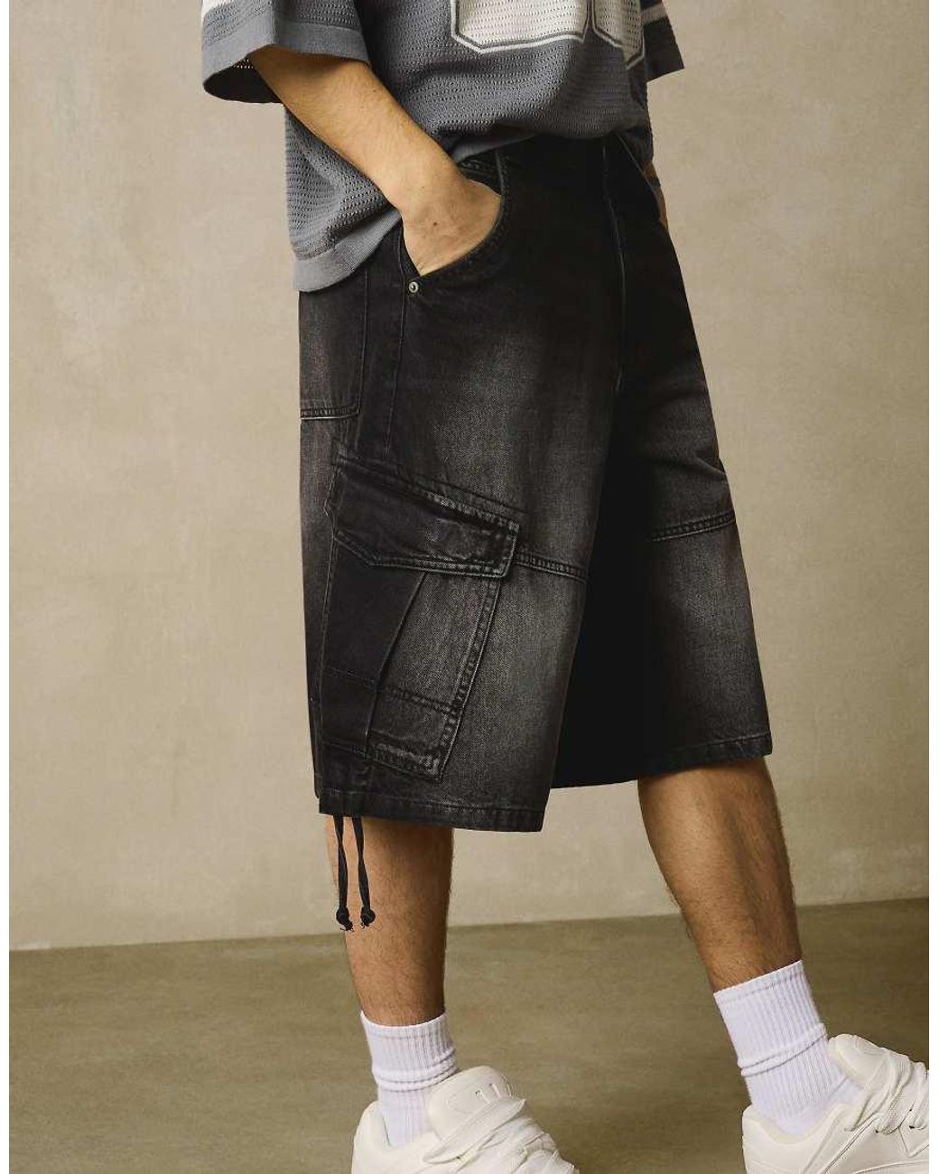 Bershka Natural Denim Cargo Parachute Shorts for men