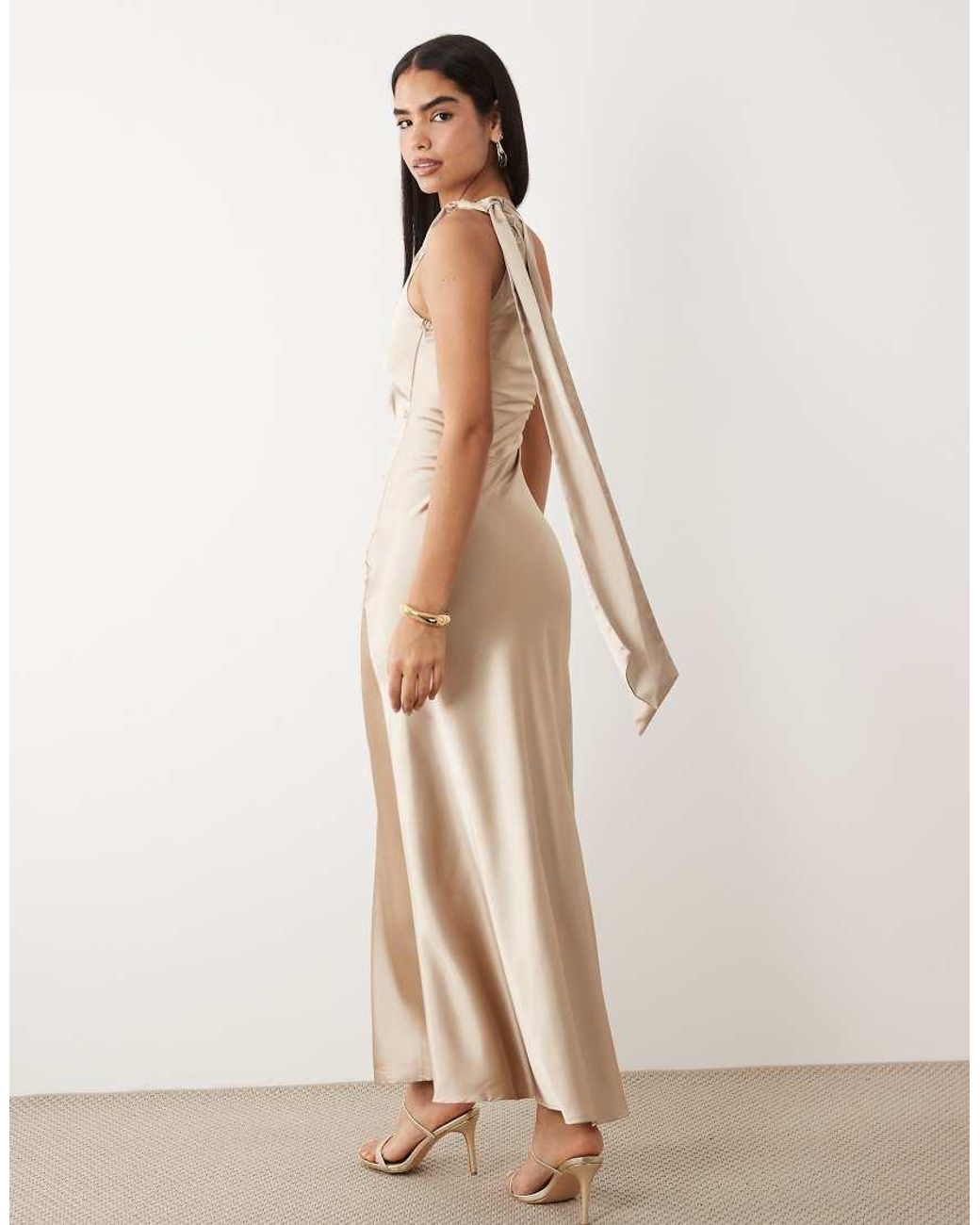 Aria Cove Natural Satin Drape Twist Shoulder Maxi Dress